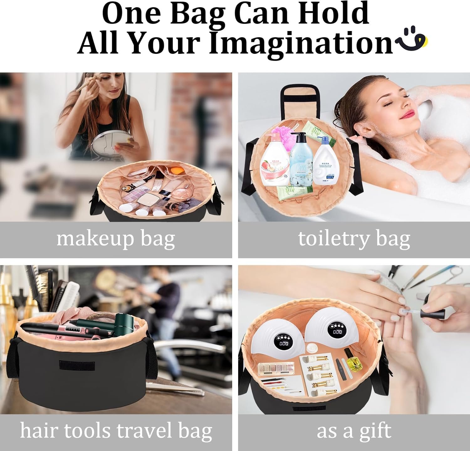 Private Label Drawstring Large Travel Makeup Bag Portable Large Capacity Cosmetic Toiletry Organizer with Custom Logo from Manufacturer (Black)