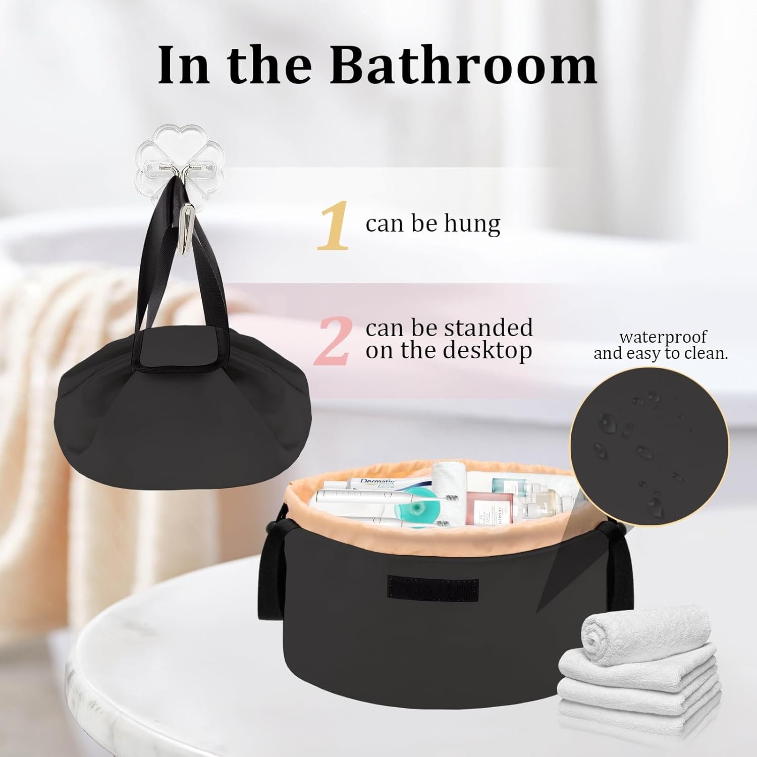 Private Label Drawstring Large Travel Makeup Bag Portable Large Capacity Cosmetic Toiletry Organizer with Custom Logo from Manufacturer (Black)