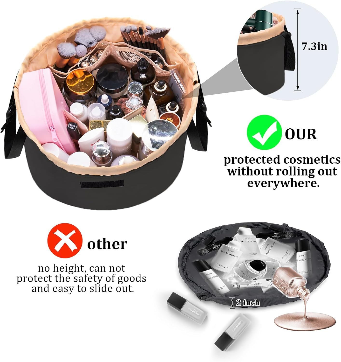 Private Label Drawstring Large Travel Makeup Bag Portable Large Capacity Cosmetic Toiletry Organizer with Custom Logo from Manufacturer (Black)