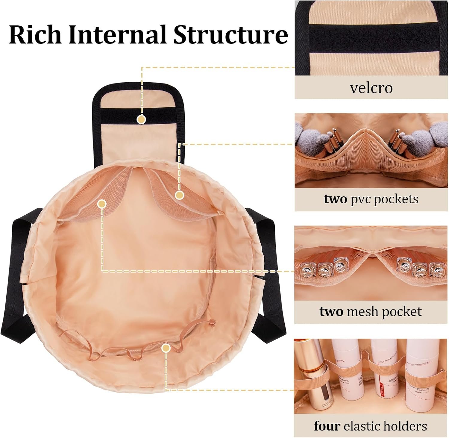 Private Label Drawstring Large Travel Makeup Bag Portable Large Capacity Cosmetic Toiletry Organizer with Custom Logo from Manufacturer (Black)