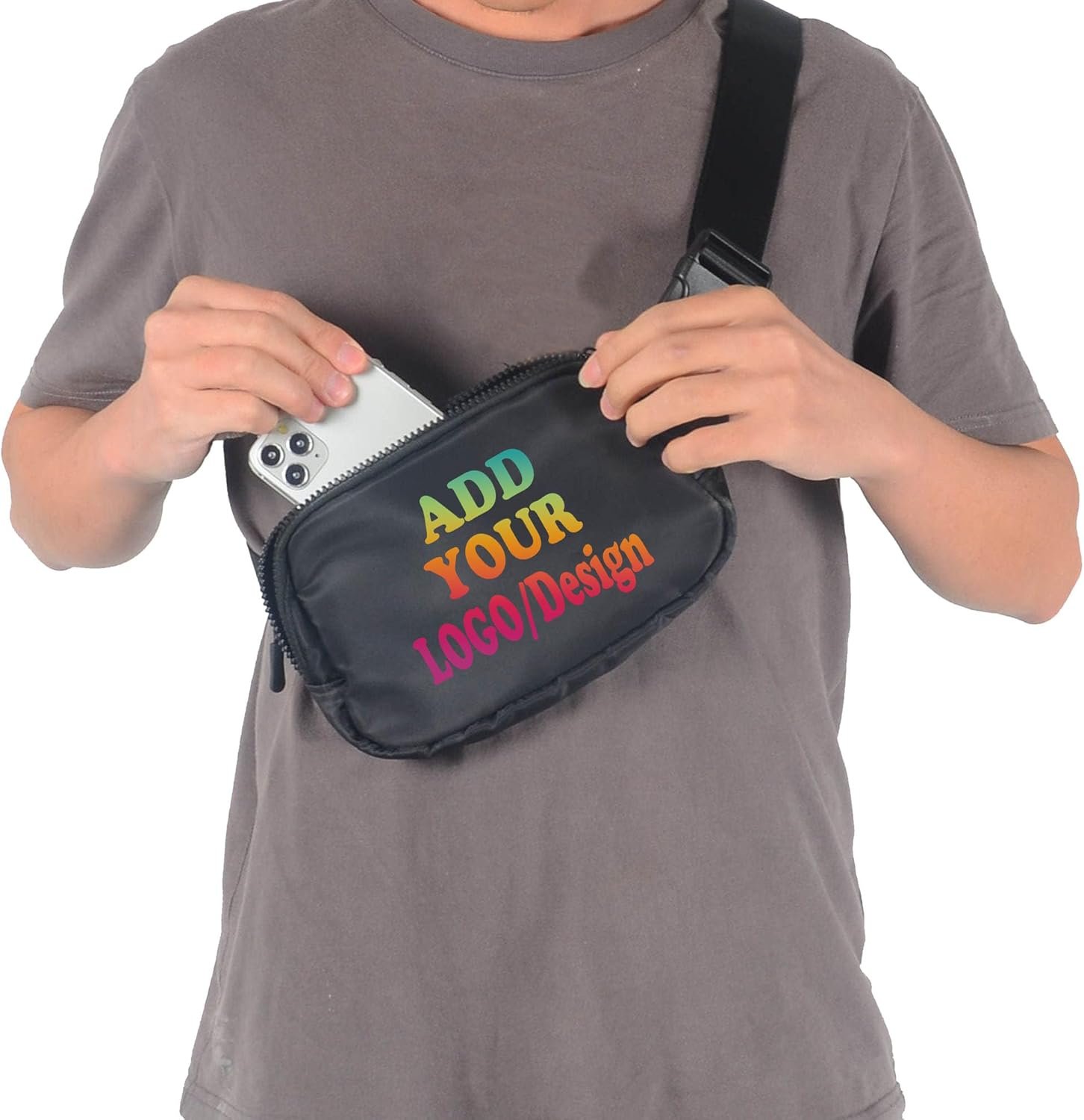 Private Label Small Nylon Unisex Fanny Pack Waist Belt Bag Personalized Custom Logo with Name Text Photo Manufacturer for Workout Running Traveling Hiking (Black)