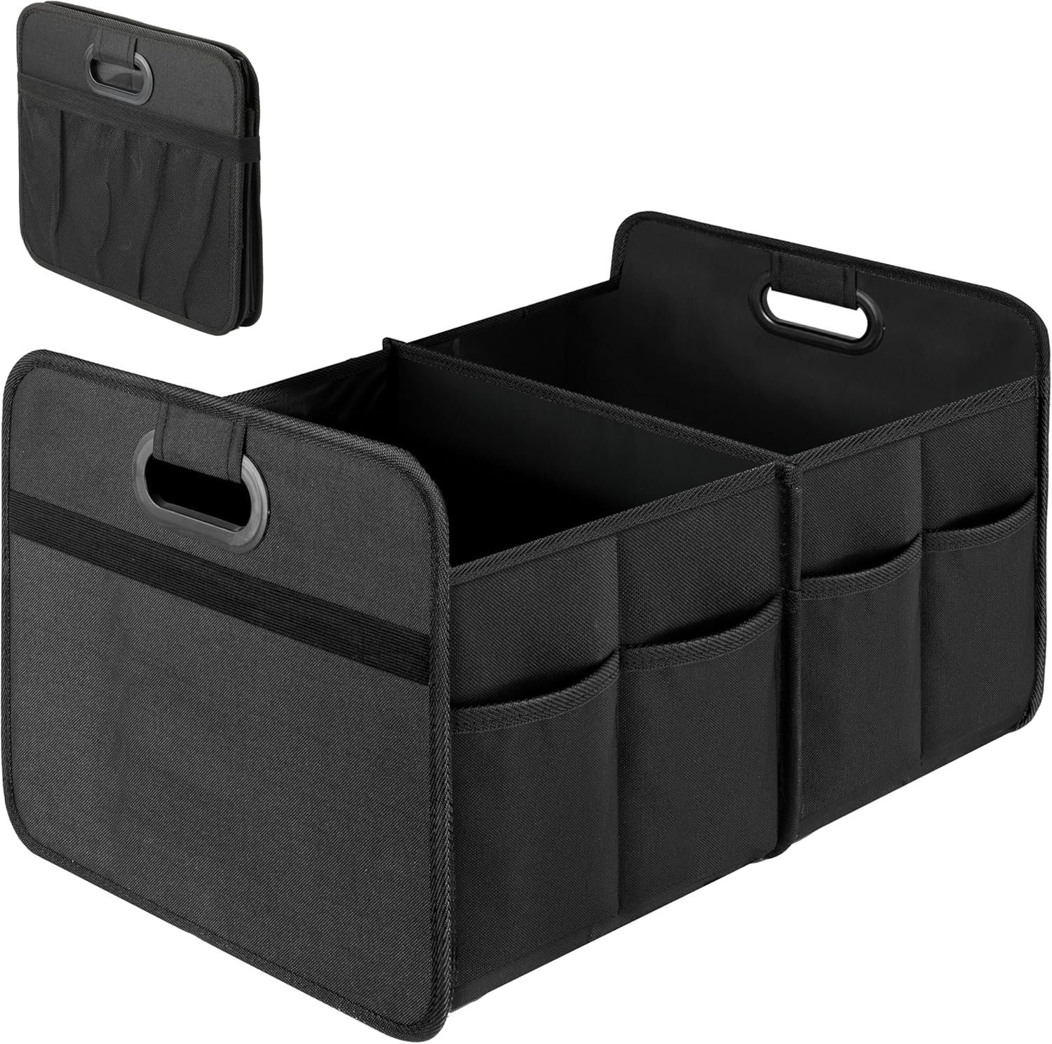 Manufacturer Collapsible Car Trunk Organizer 2 Compartments Anti-Slip Waterproof 600D Oxford Polyester Trunk Storage with Custom Logo Private Label for SUV Minivan Truck Standard Size Black