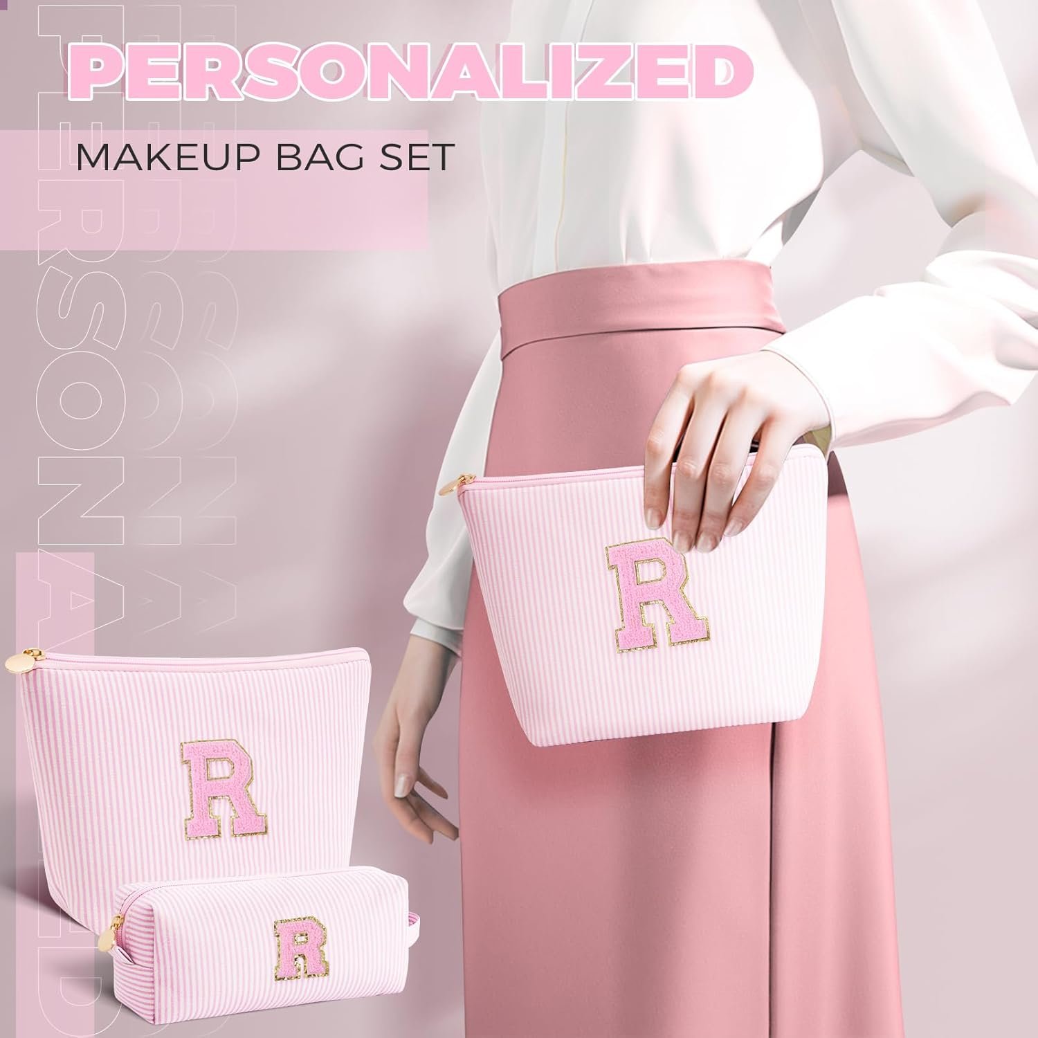 Private Label Personalized Makeup Cosmetic Bag Sets with Custom Logo for Wife Birthday Anniversary Mothers Day Gifts Pink for Women Teen Girls from Manufacturer