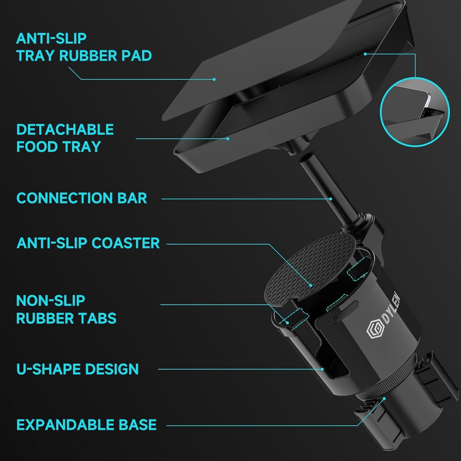 Private Label Car Cup Holder Expander Adapter Tray 9.5” Detachable Food Tray Table Custom Logo Manufacturer Fits Yeti Hydro Flask 16-46 oz Road Trip Essentials