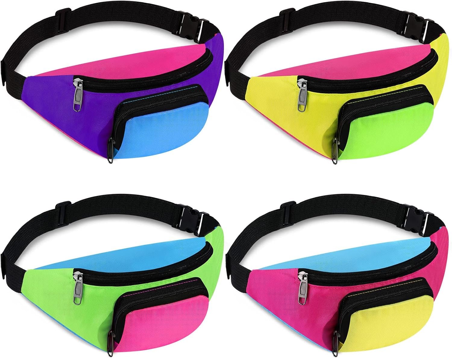 Private Label 4 Pcs Retro 80s 90s Neon 2 Pockets Fanny Pack Belt Bags Custom Logo Small Waist Packs for Jogging Travel Carnival Party Costumes 80s Theme Holiday Festival Factory