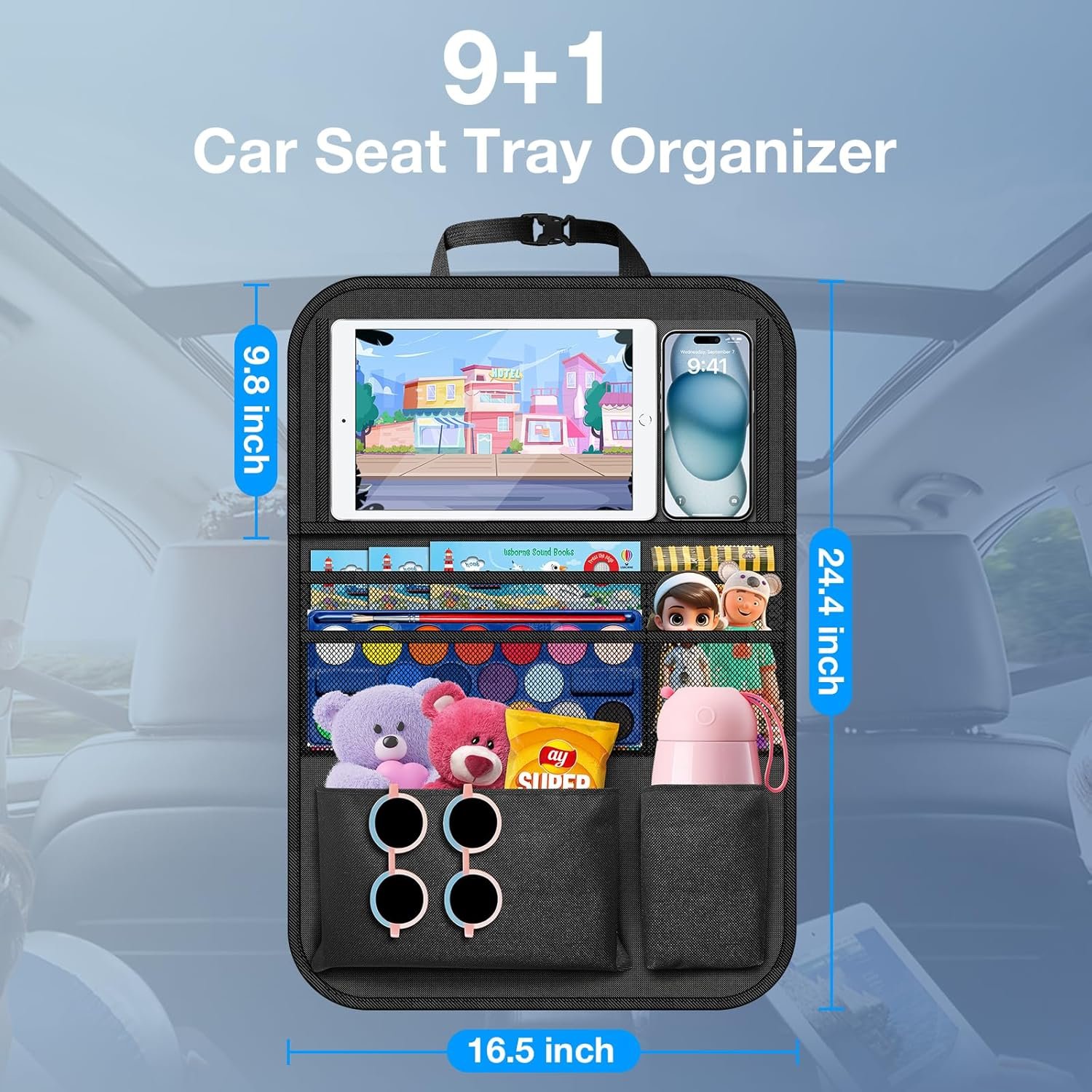 Custom Logo Car Backseat Organizer with Table Tray (2-Pack) 9 Storage Pockets Private Label Tablet Holder Kick Mats Back Seat Cover Factory for Kids Family Road Trip Travel