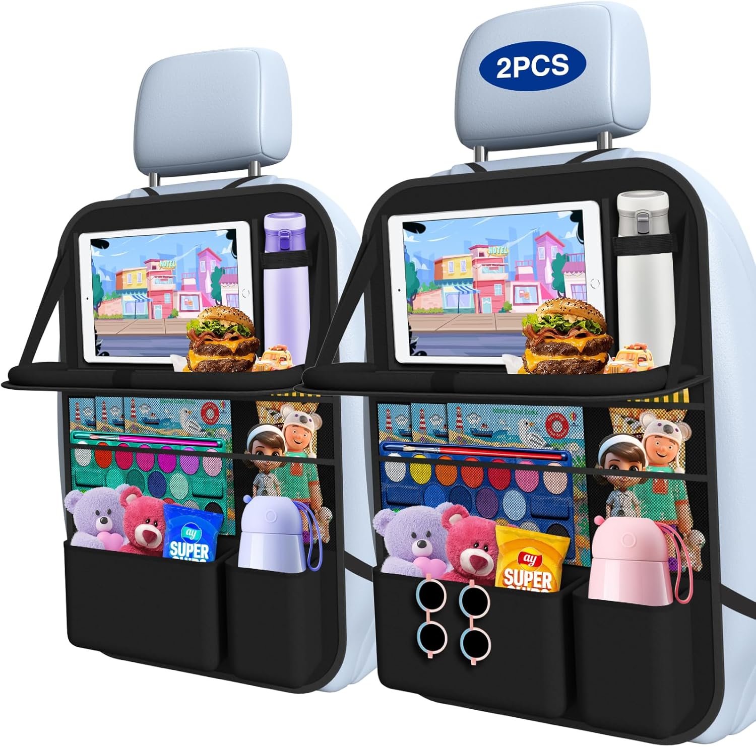 Custom Logo Car Backseat Organizer with Table Tray (2-Pack) 9 Storage Pockets Private Label Tablet Holder Kick Mats Back Seat Cover Factory for Kids Family Road Trip Travel