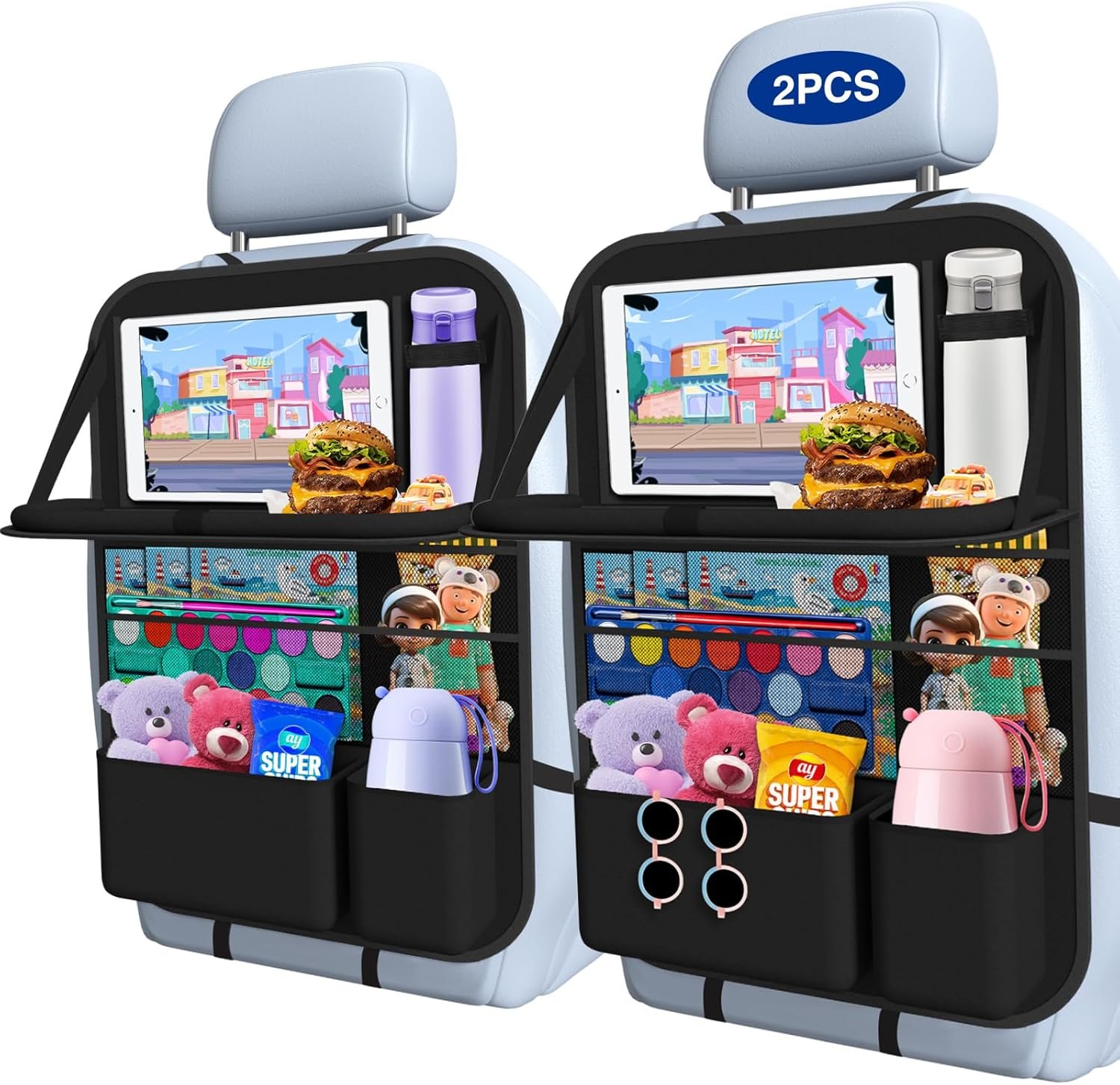 Custom Logo Car Backseat Organizer with Table Tray (2-Pack) 9 Storage Pockets Private Label Tablet Holder Kick Mats Back Seat Cover Factory for Kids Family Road Trip Travel