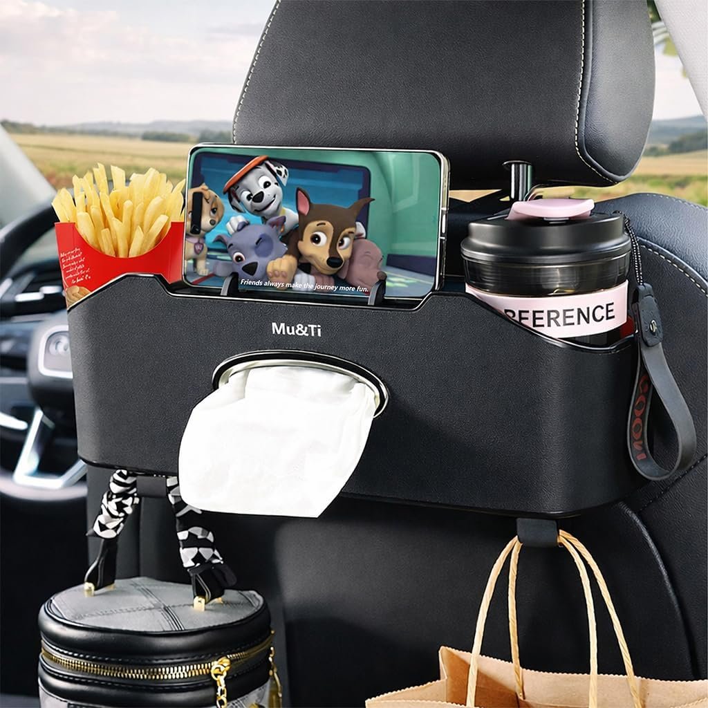 Custom Logo 4+2 in 1 Back Seat Car Organizer Private Label Multifunctional with 2 Cup Holders Tissue Box Hook Manufacturer Black for Kids and Travel