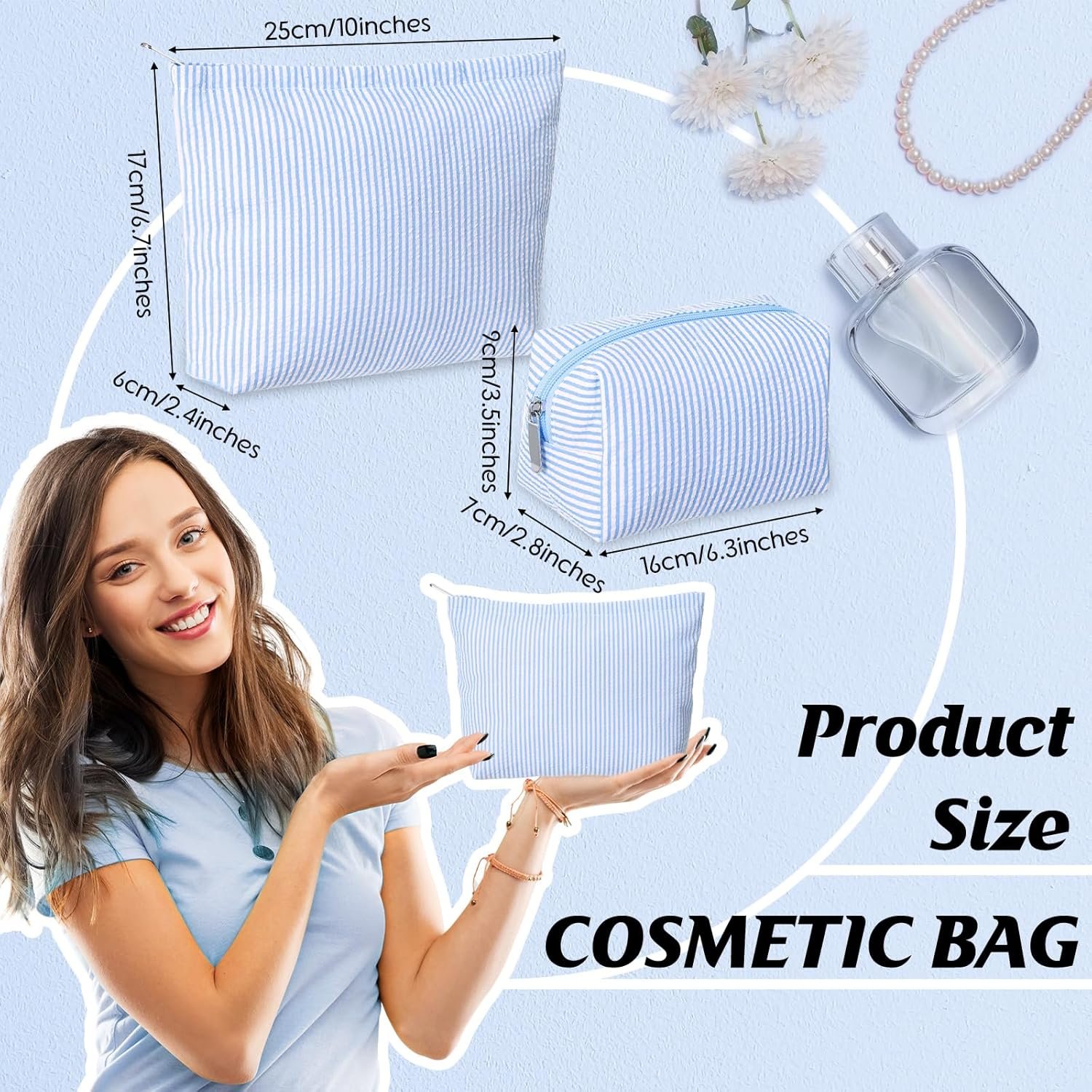 Private Label 2 Pcs Cute Seersucker Makeup Bag Set Custom Logo Cosmetic Pouch for Women Travel Toiletry Preppy Small Purse Aesthetic Skincare Organizer Factory (Blue) Private Label 2 Pcs Cute Seersucker Makeup Bag Set Custom Logo Cosmetic Pouch for Women Travel Toiletry Preppy Small Purse Aesthetic Skincare Organizer Factory (Blue)