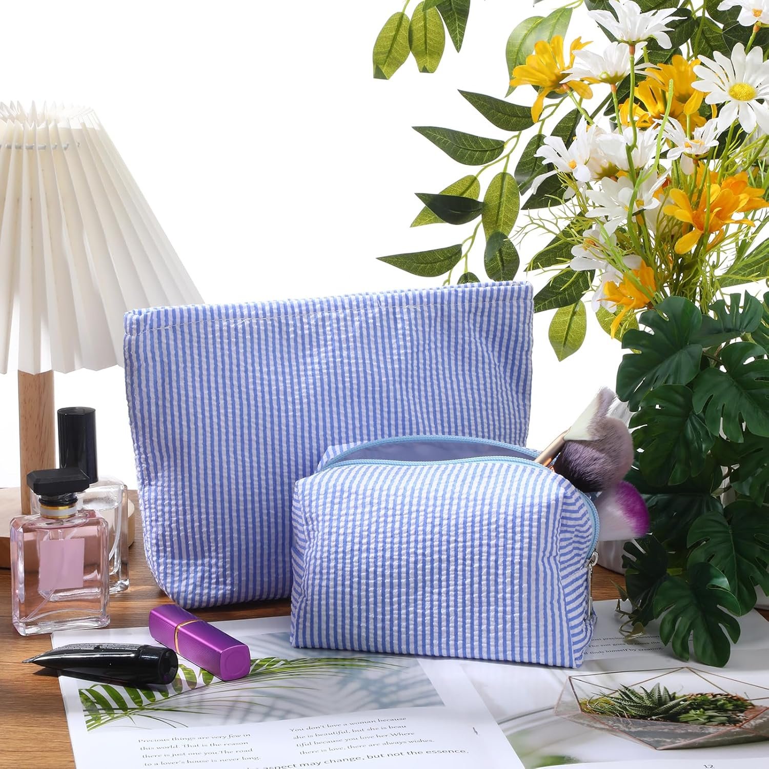 Private Label 2 Pcs Cute Seersucker Makeup Bag Set Custom Logo Cosmetic Pouch for Women Travel Toiletry Preppy Small Purse Aesthetic Skincare Organizer Factory (Blue) Private Label 2 Pcs Cute Seersucker Makeup Bag Set Custom Logo Cosmetic Pouch for Women Travel Toiletry Preppy Small Purse Aesthetic Skincare Organizer Factory (Blue)