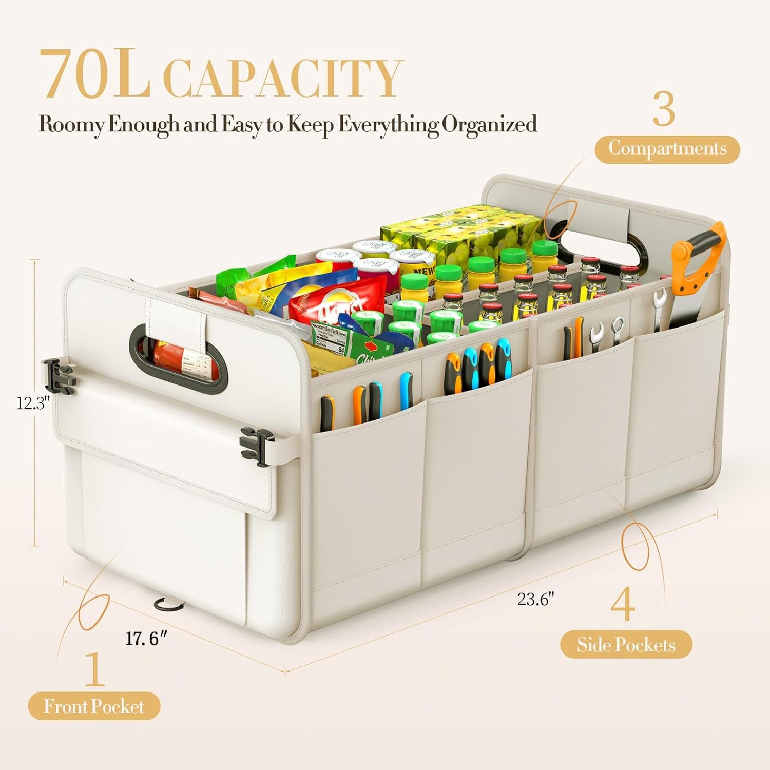 Custom Logo Trunk Organizer for SUV & Sedan Private Label Waterproof Collapsible Adjustable Straps Car Storage Sturdy for Accessories Tools Food Sundries 2-3 Compartments Beige Manufacturer Direct