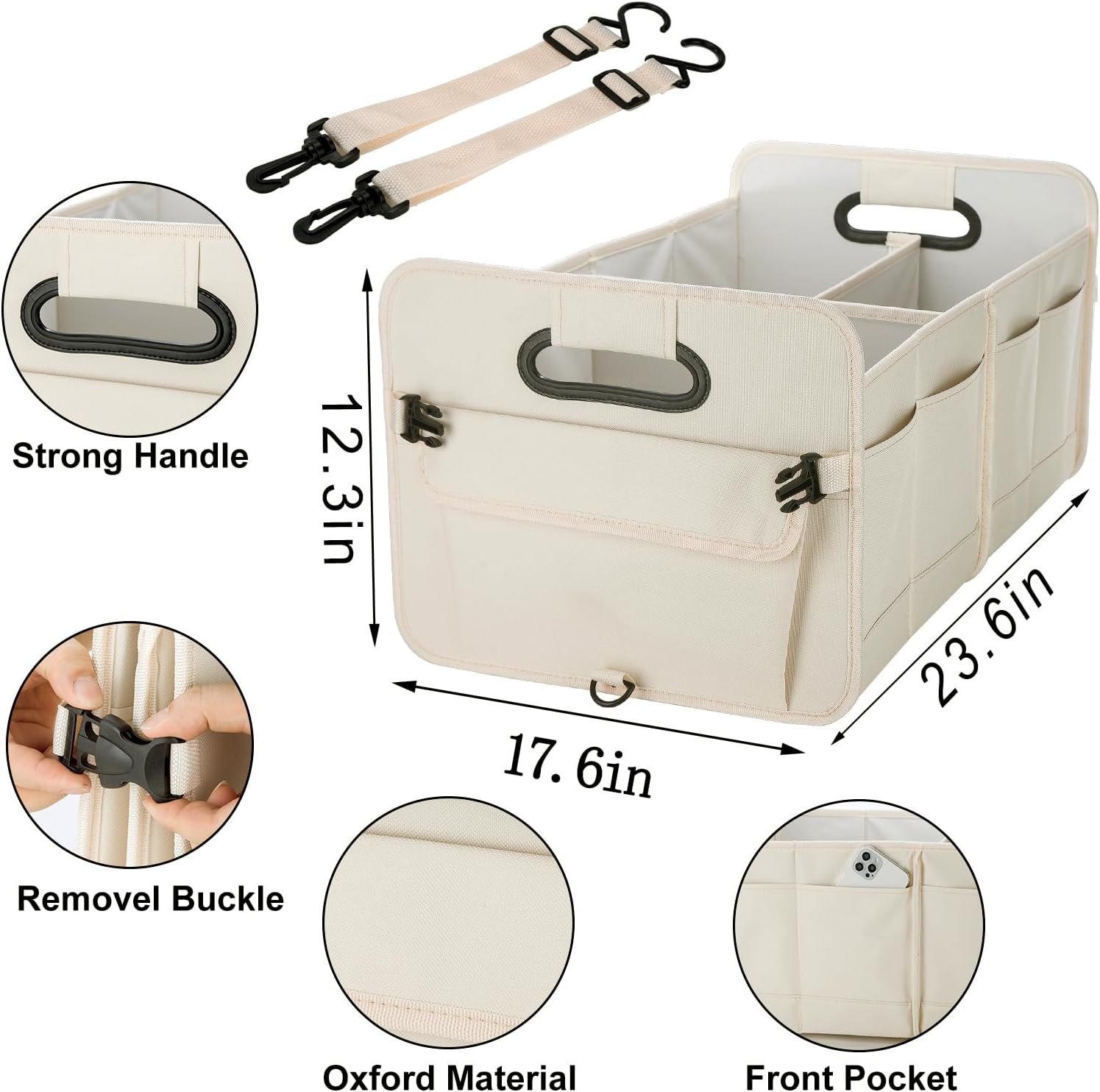 Custom Logo Trunk Organizer for SUV & Sedan Private Label Waterproof Collapsible Adjustable Straps Car Storage Sturdy for Accessories Tools Food Sundries 2-3 Compartments Beige Manufacturer Direct