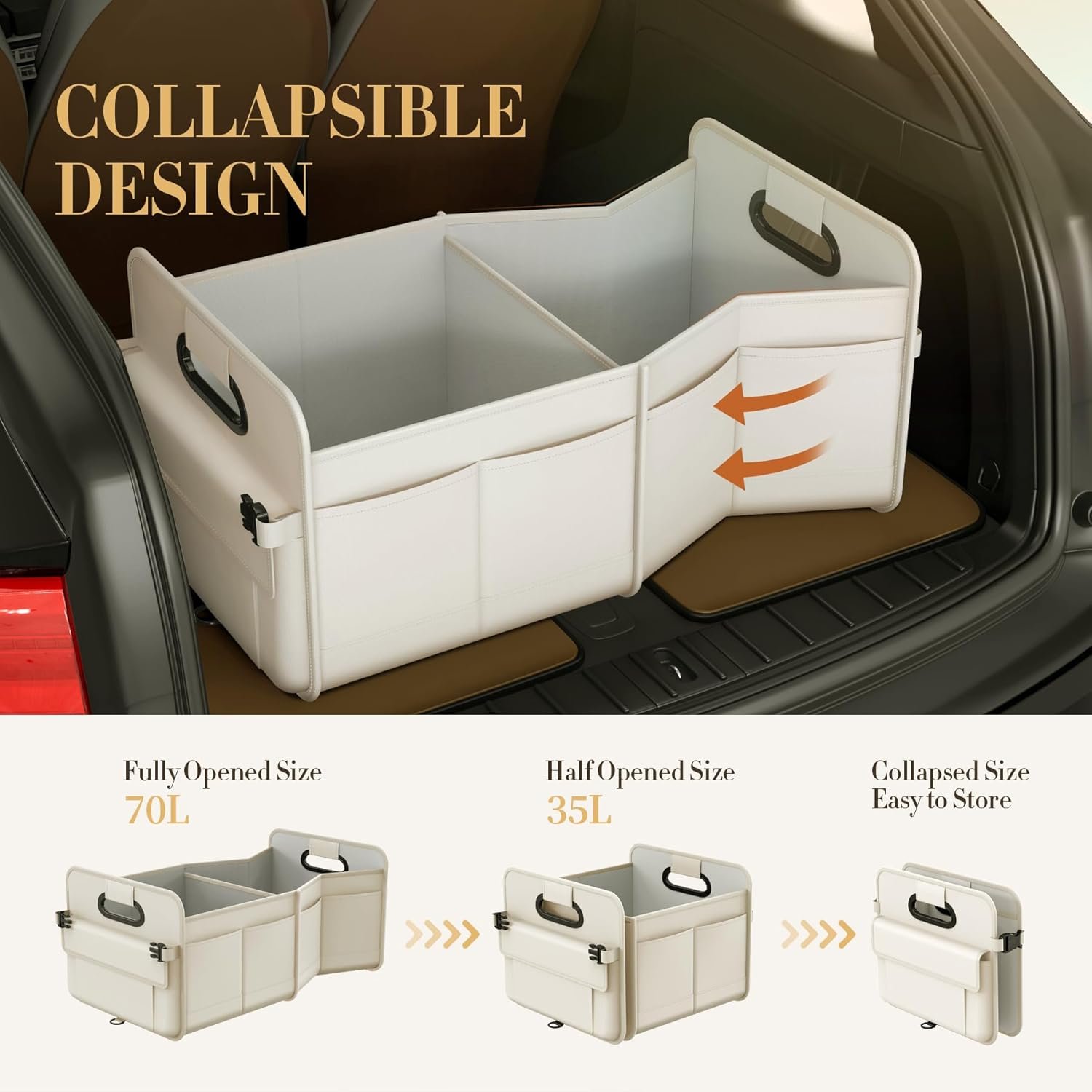 Custom Logo Trunk Organizer for SUV & Sedan Private Label Waterproof Collapsible Adjustable Straps Car Storage Sturdy for Accessories Tools Food Sundries 2-3 Compartments Beige Manufacturer Direct