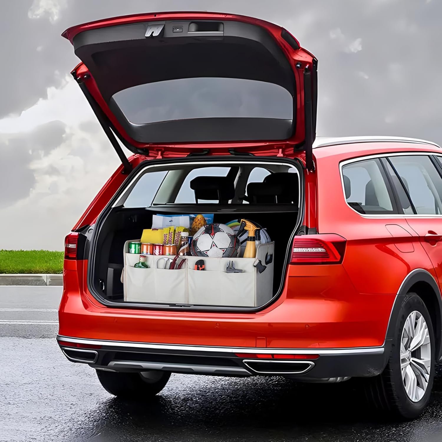 Custom Logo Trunk Organizer for SUV & Sedan Private Label Waterproof Collapsible Adjustable Straps Car Storage Sturdy for Accessories Tools Food Sundries 2-3 Compartments Beige Manufacturer Direct