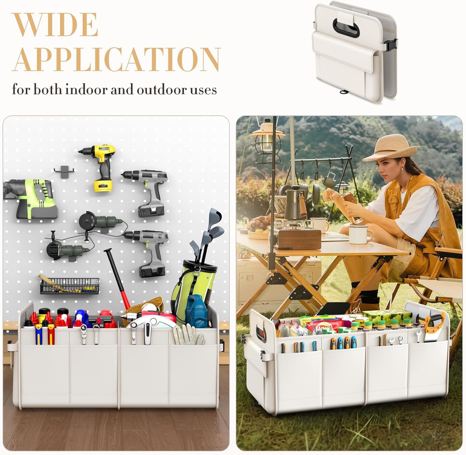 Custom Logo Trunk Organizer for SUV & Sedan Private Label Waterproof Collapsible Adjustable Straps Car Storage Sturdy for Accessories Tools Food Sundries 2-3 Compartments Beige Manufacturer Direct