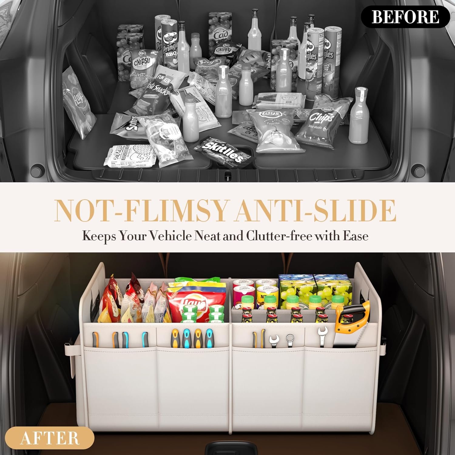 Custom Logo Trunk Organizer for SUV & Sedan Private Label Waterproof Collapsible Adjustable Straps Car Storage Sturdy for Accessories Tools Food Sundries 2-3 Compartments Beige Manufacturer Direct