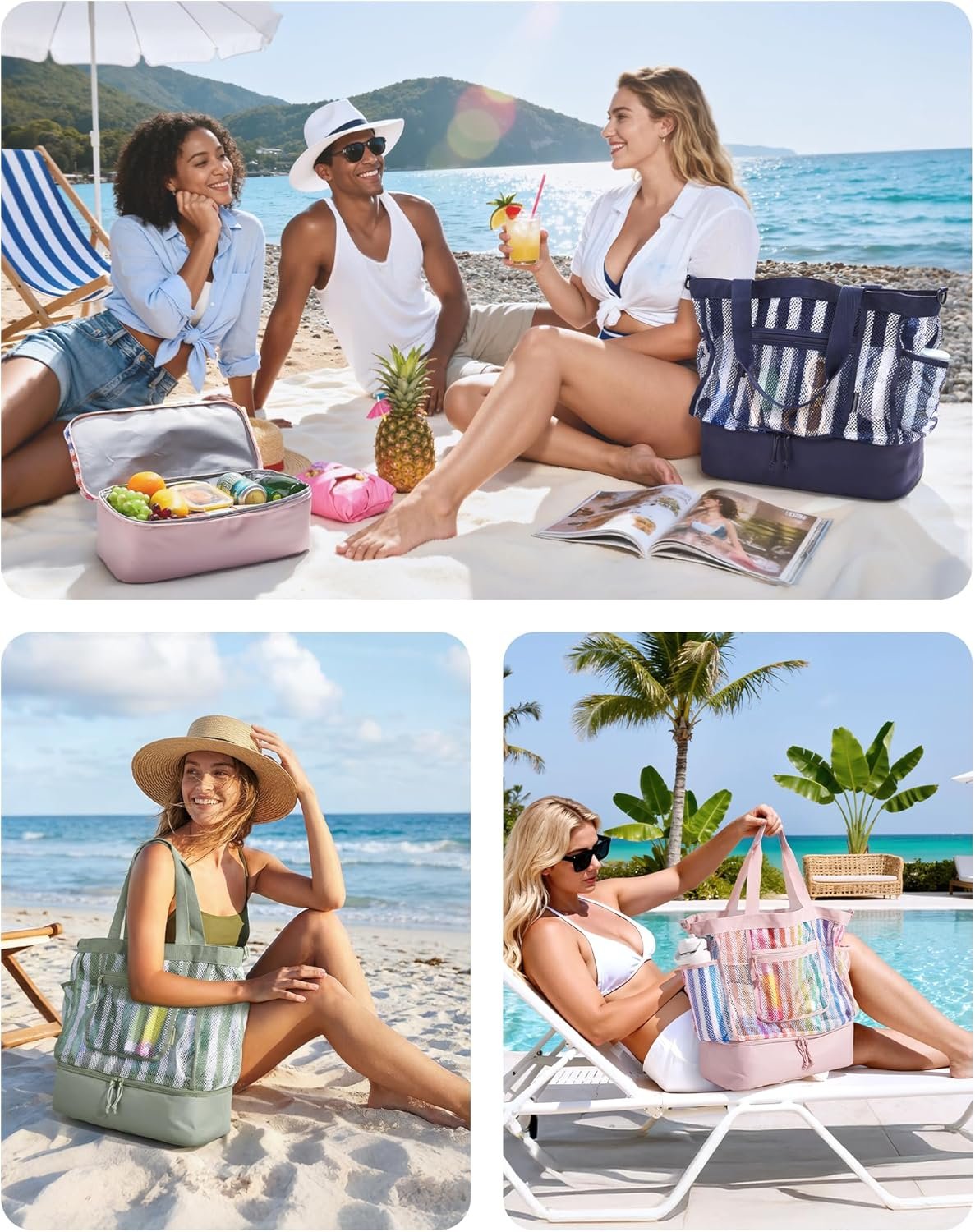 Custom Logo Women's Mesh Beach Tote Bag with Zipper Private Label Sandproof Cooler Manufacturer for Swim Cruise Pool Vacation