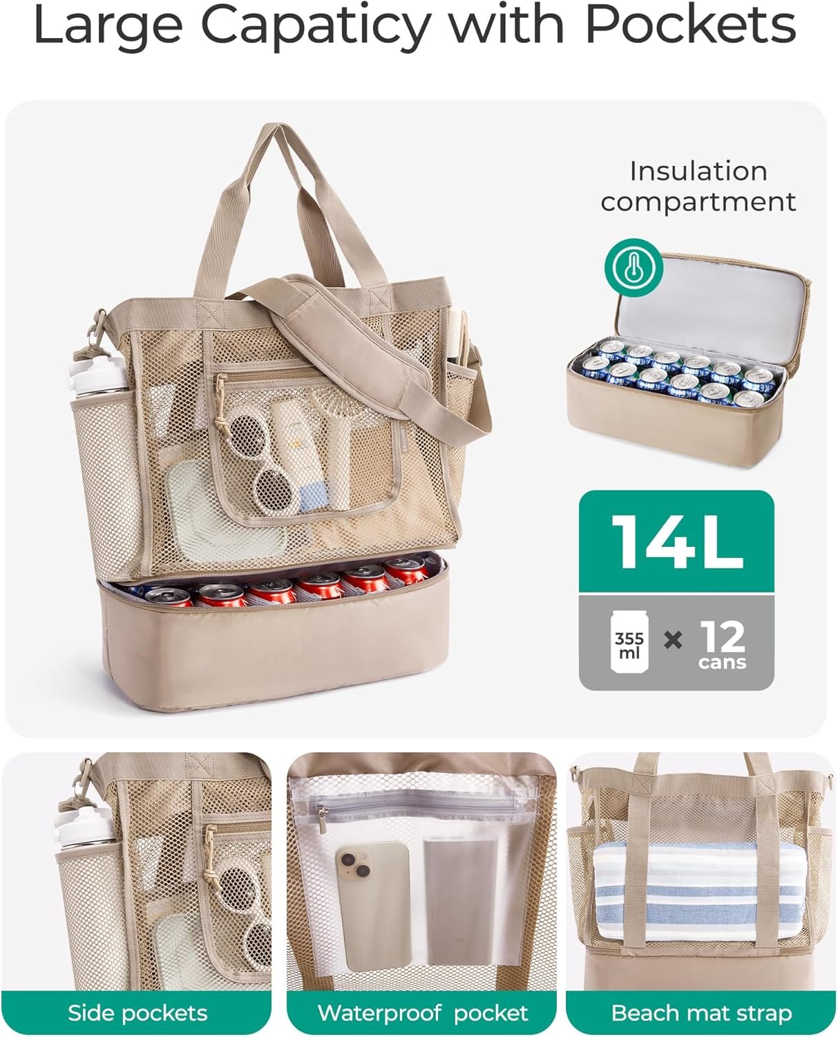 Custom Logo Women's Mesh Beach Tote Bag with Zipper Private Label Sandproof Cooler Manufacturer for Swim Cruise Pool Vacation