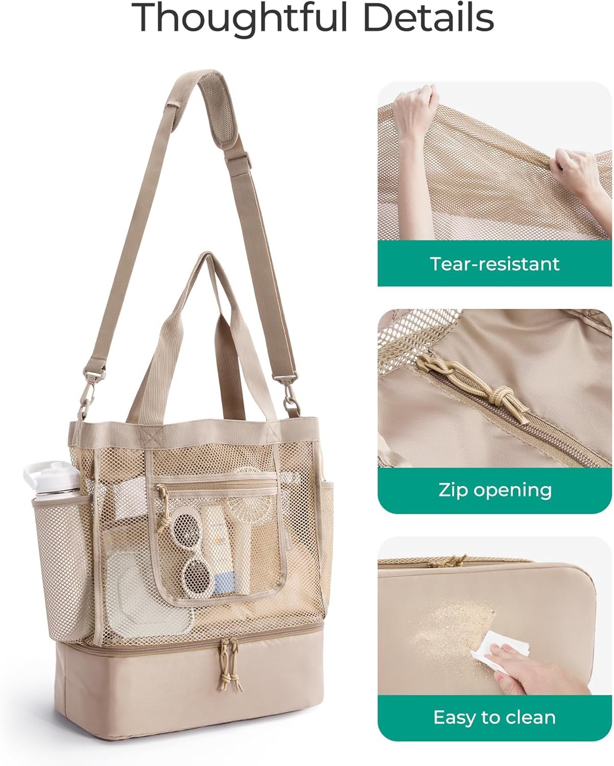 Custom Logo Women's Mesh Beach Tote Bag with Zipper Private Label Sandproof Cooler Manufacturer for Swim Cruise Pool Vacation