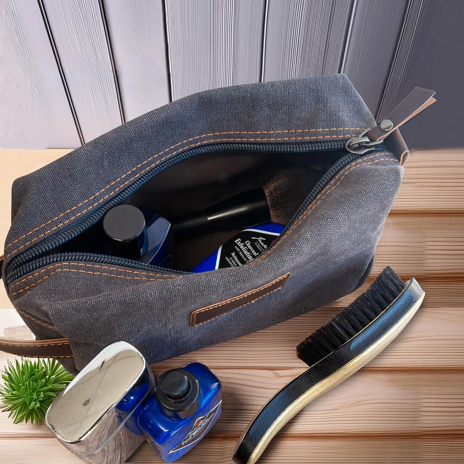 Custom Logo Men's Premium Canvas Toiletry Bag with Faux Leather Handstrap Private Label for Travel Grooming & Shaving Kits Bath Supplies Personal Hygiene Essentials Gray from Factory