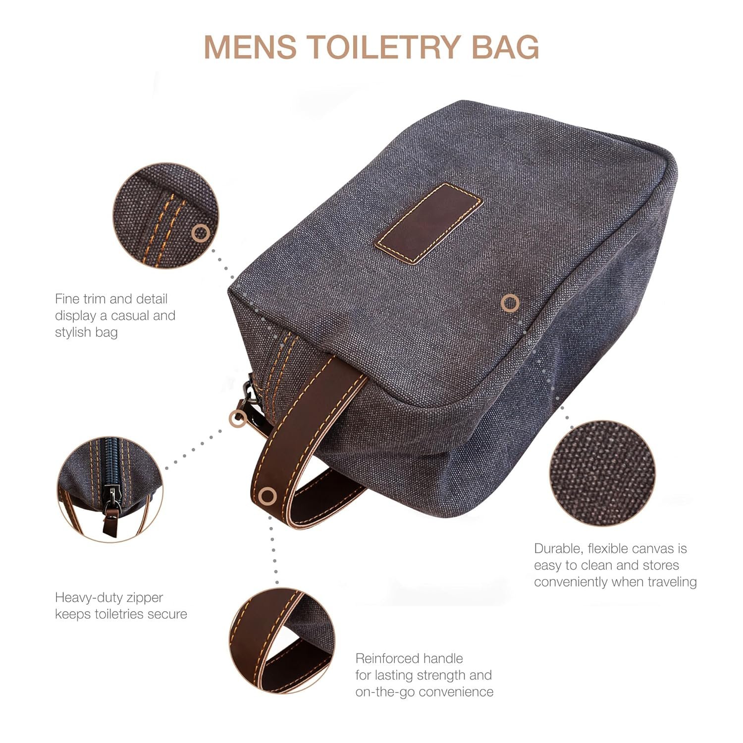 Custom Logo Men's Premium Canvas Toiletry Bag with Faux Leather Handstrap Private Label for Travel Grooming & Shaving Kits Bath Supplies Personal Hygiene Essentials Gray from Factory