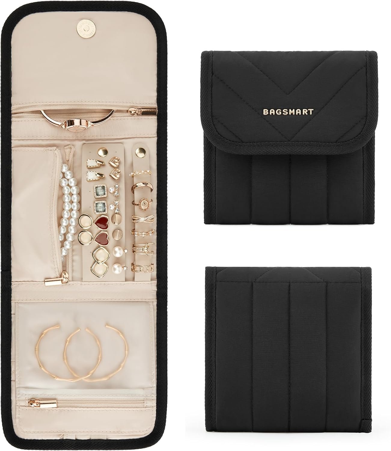 Private Label Travel Jewelry Organizer Case Foldable Jewelry Roll for Necklaces Earrings Rings Bracelets Brooches with Custom Logo Portable Black Manufacturer