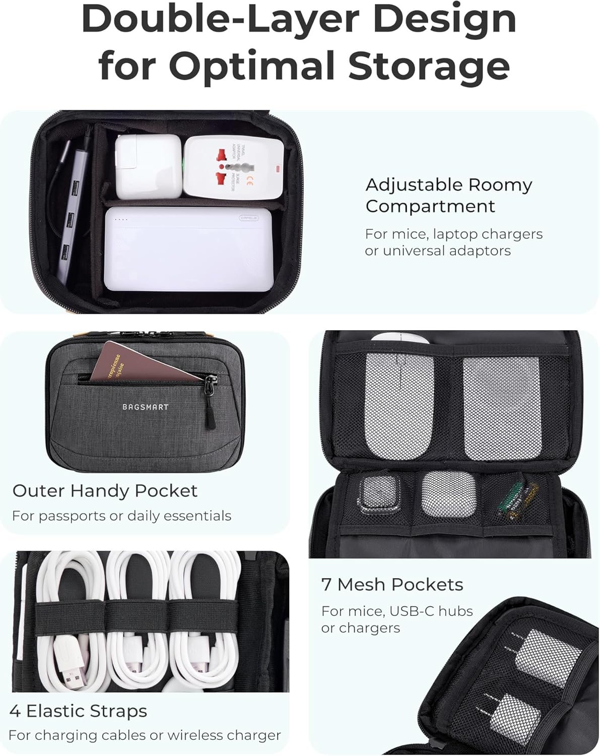 Manufacturer Electronics Organizer Travel Case, Private Label Cord Cable Bag with Custom Logo for Tech Accessories (Black)