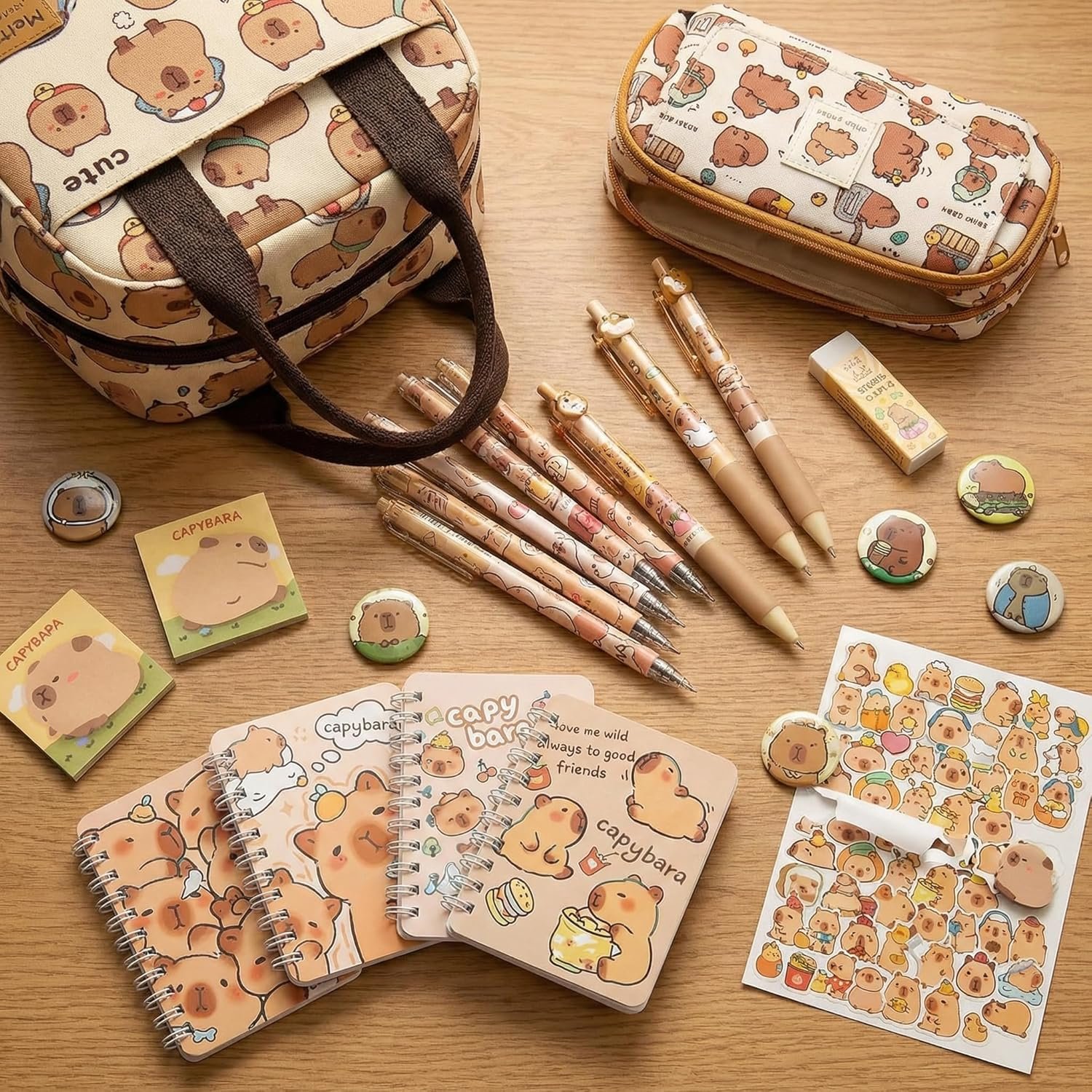 Private Label Waterproof Large-Capacity Kawaii Capybara Backpack Manufacturer with 31-Piece Pencil Case Notebook Sticky Notes Lunch Bag Gel Pens Accessories Custom Logo