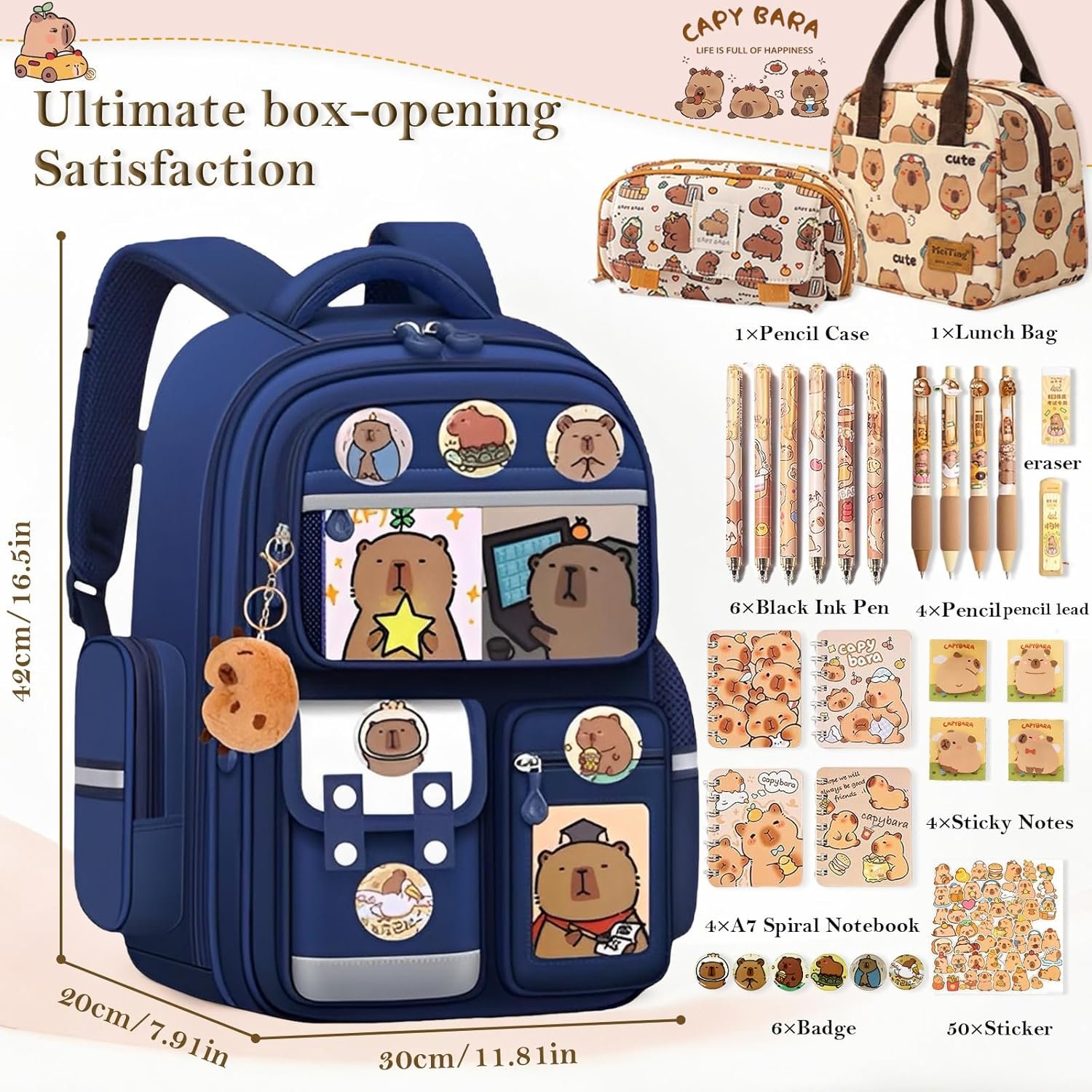 Private Label Waterproof Large-Capacity Kawaii Capybara Backpack Manufacturer with 31-Piece Pencil Case Notebook Sticky Notes Lunch Bag Gel Pens Accessories Custom Logo