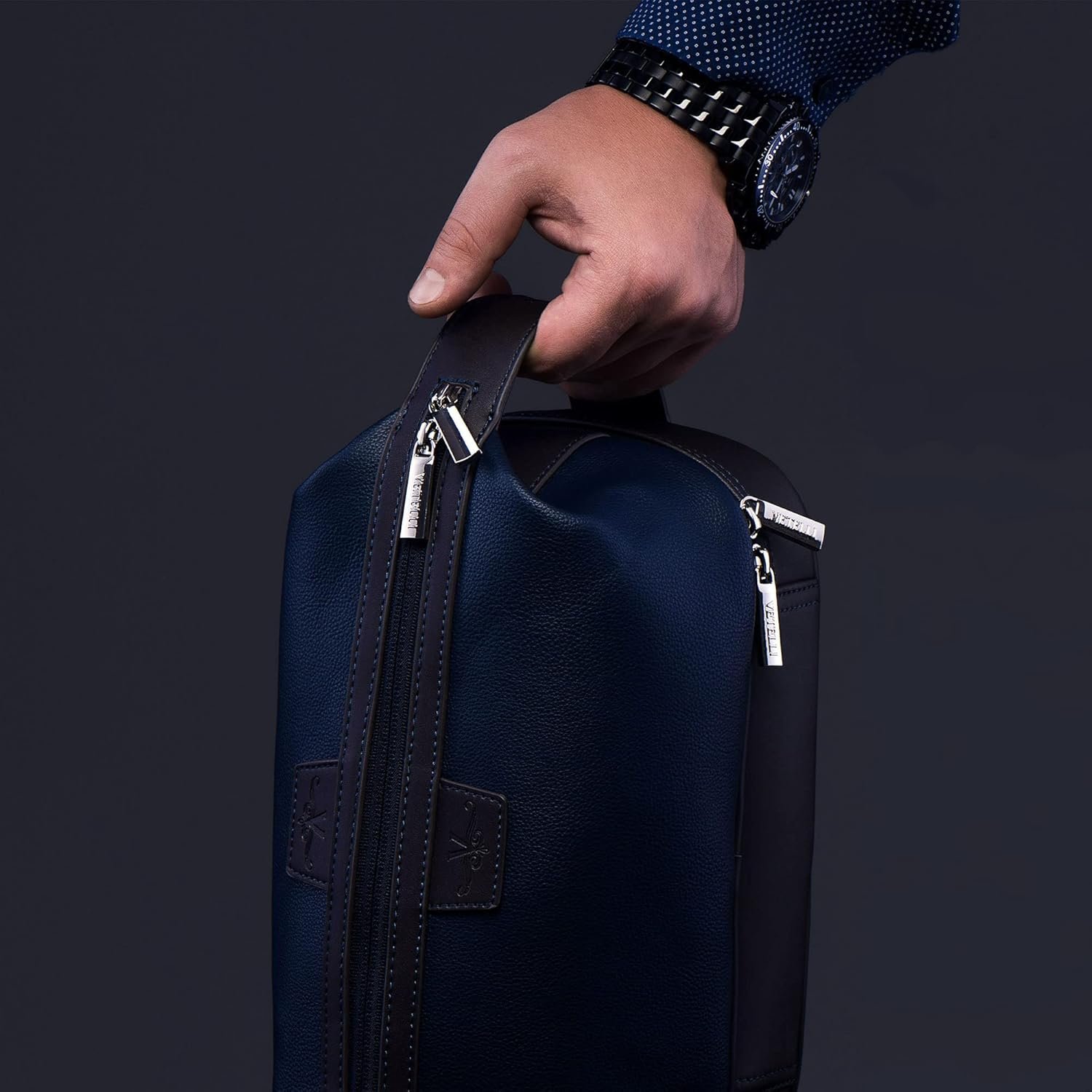 Private Label Large Leather Men's Travel Toiletry Shaving Case Bag with Custom Logo Upper Lower Zippered Compartments 3 Interior Loops and Carrying Handles Manufacturer