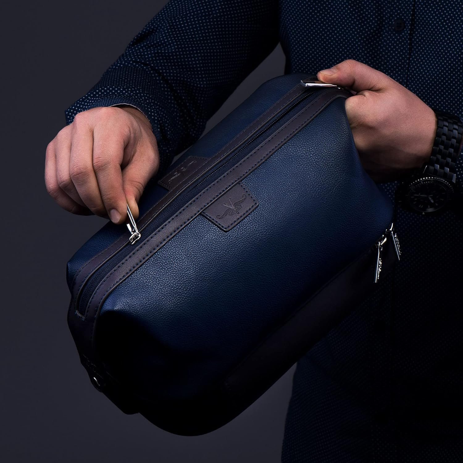 Private Label Large Leather Men's Travel Toiletry Shaving Case Bag with Custom Logo Upper Lower Zippered Compartments 3 Interior Loops and Carrying Handles Manufacturer