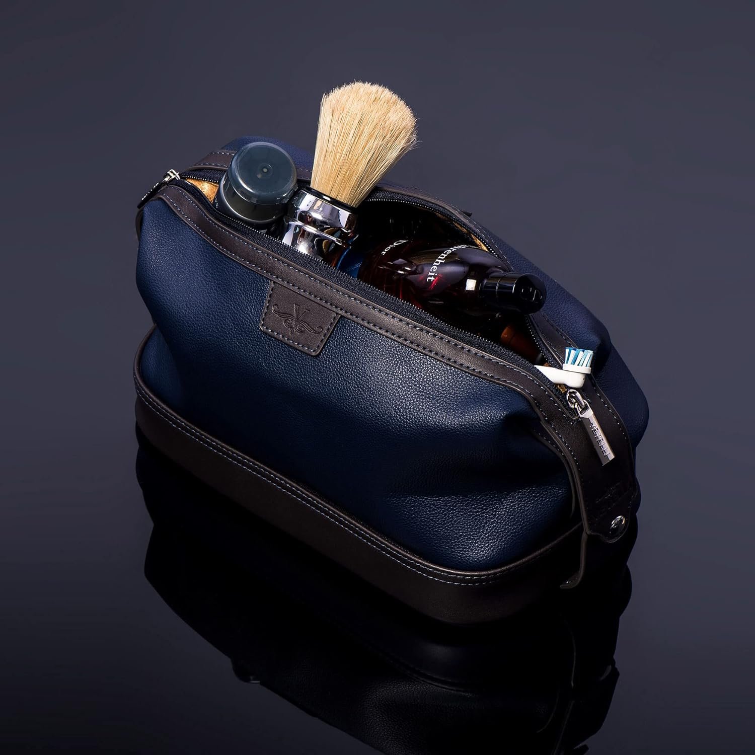 Private Label Large Leather Men's Travel Toiletry Shaving Case Bag with Custom Logo Upper Lower Zippered Compartments 3 Interior Loops and Carrying Handles Manufacturer