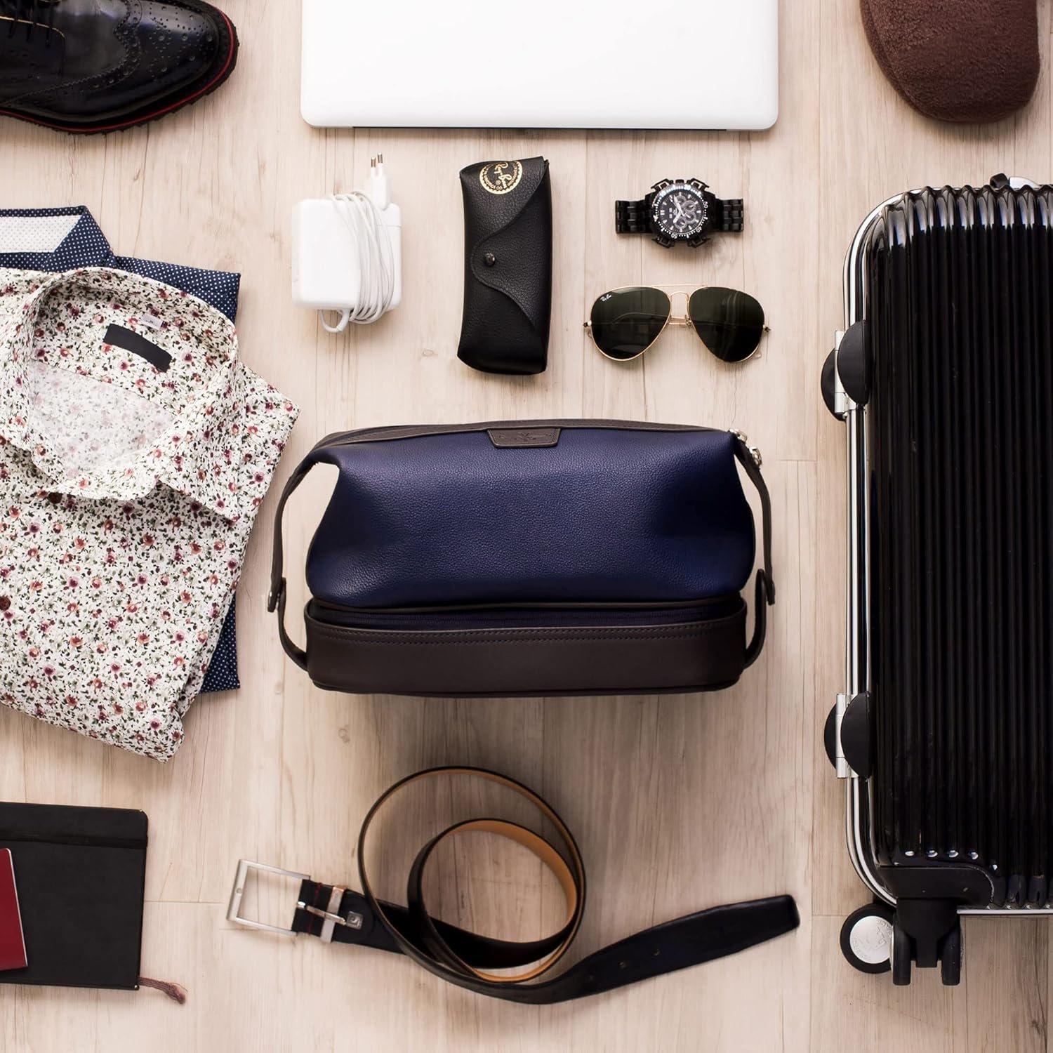 Private Label Large Leather Men's Travel Toiletry Shaving Case Bag with Custom Logo Upper Lower Zippered Compartments 3 Interior Loops and Carrying Handles Manufacturer