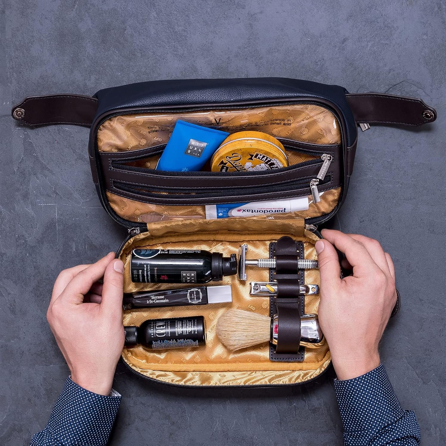 Private Label Large Leather Men's Travel Toiletry Shaving Case Bag with Custom Logo Upper Lower Zippered Compartments 3 Interior Loops and Carrying Handles Manufacturer