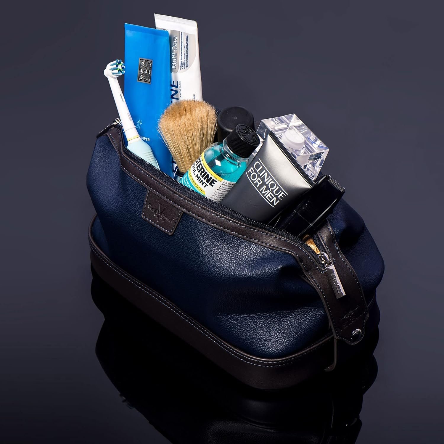 Private Label Large Leather Men's Travel Toiletry Shaving Case Bag with Custom Logo Upper Lower Zippered Compartments 3 Interior Loops and Carrying Handles Manufacturer