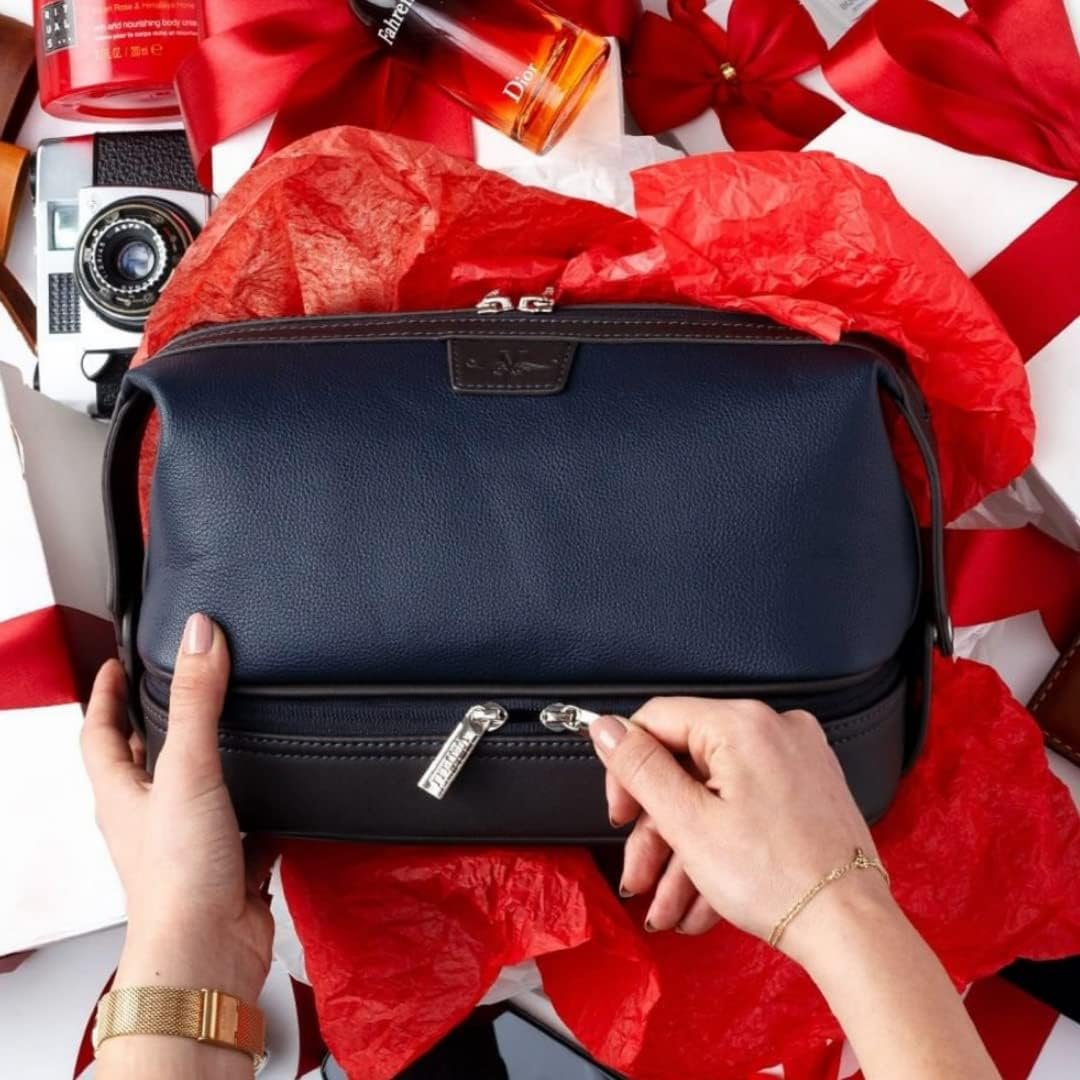 Private Label Large Leather Men's Travel Toiletry Shaving Case Bag with Custom Logo Upper Lower Zippered Compartments 3 Interior Loops and Carrying Handles Manufacturer