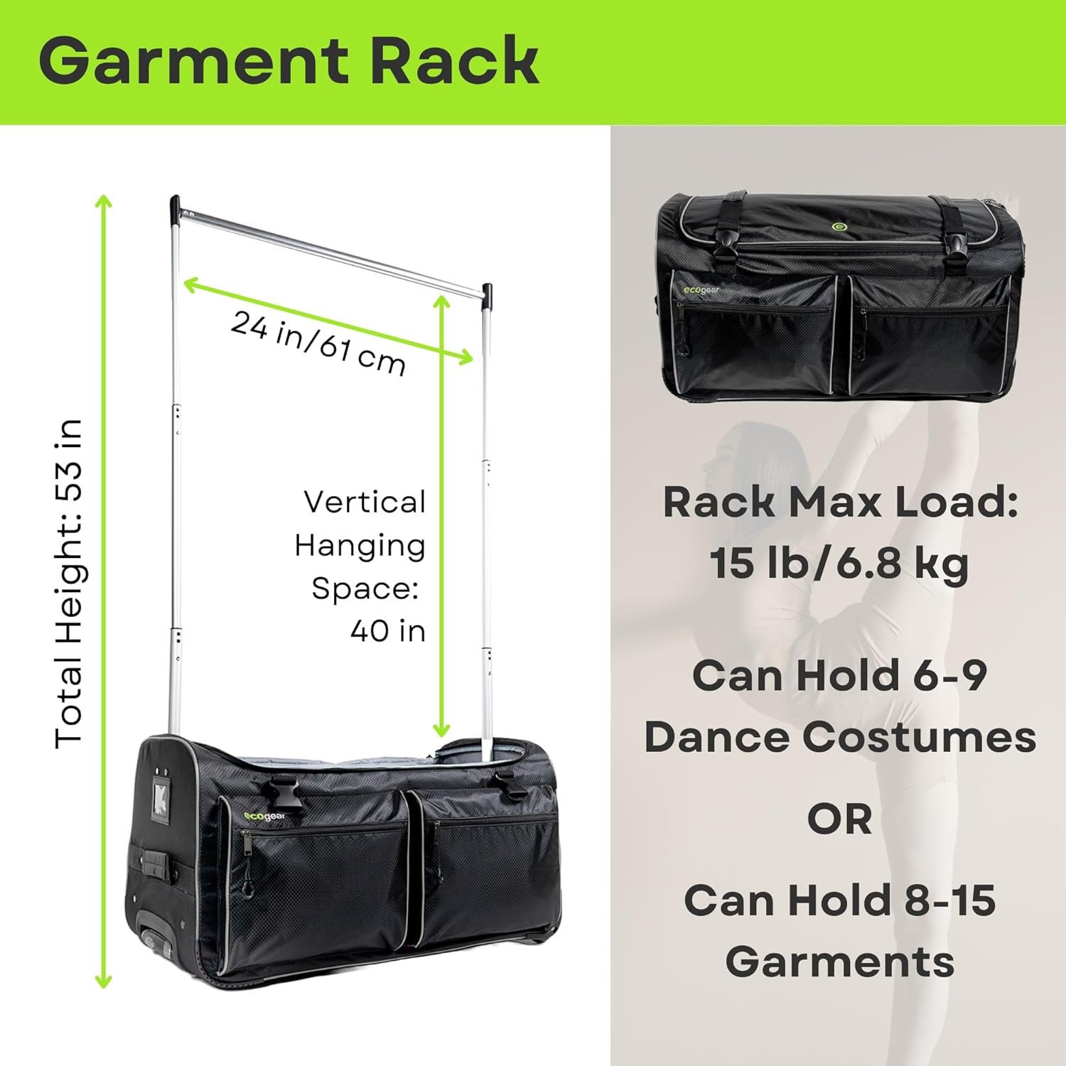 Factory 28 Inch Rolling Dance Bag with Custom Logo Easy Assembly Lightweight Aluminum Garment Rack Private Label Wheeled Duffel for Dance Competition Travel Black Gray