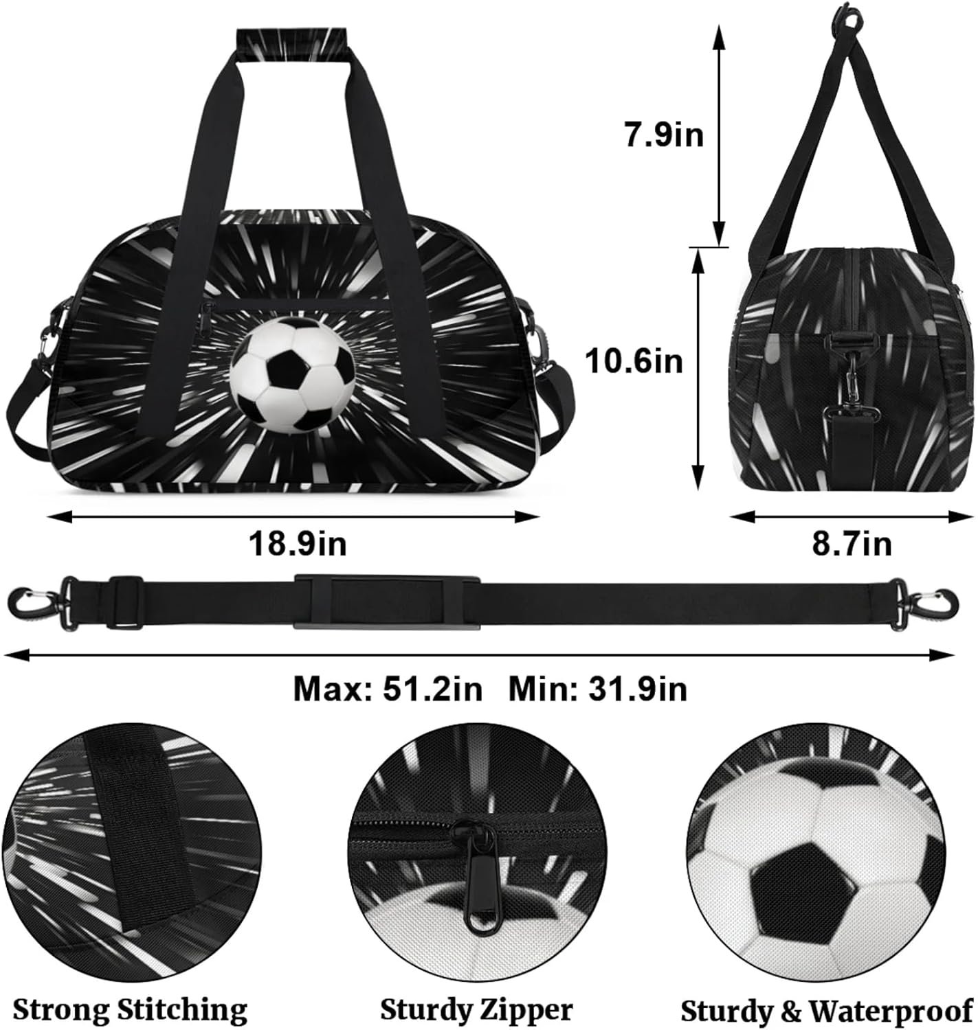 Custom Logo Sports Soccer Duffel Gym Bag Large Compartment for Cheerleaders Dance Private Label Weekender Travel Training for Men Manufacturer Black White Abstract