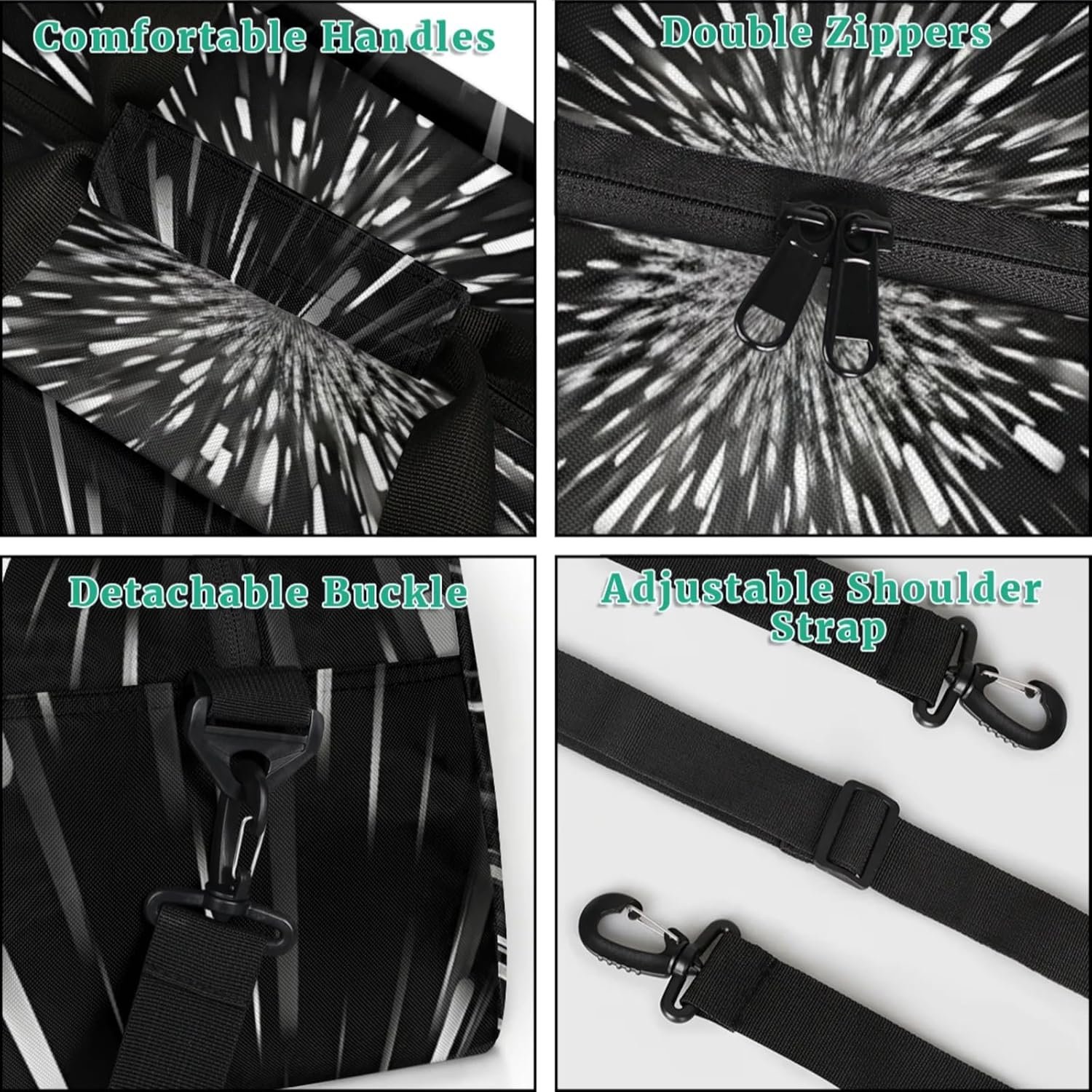 Custom Logo Sports Soccer Duffel Gym Bag Large Compartment for Cheerleaders Dance Private Label Weekender Travel Training for Men Manufacturer Black White Abstract