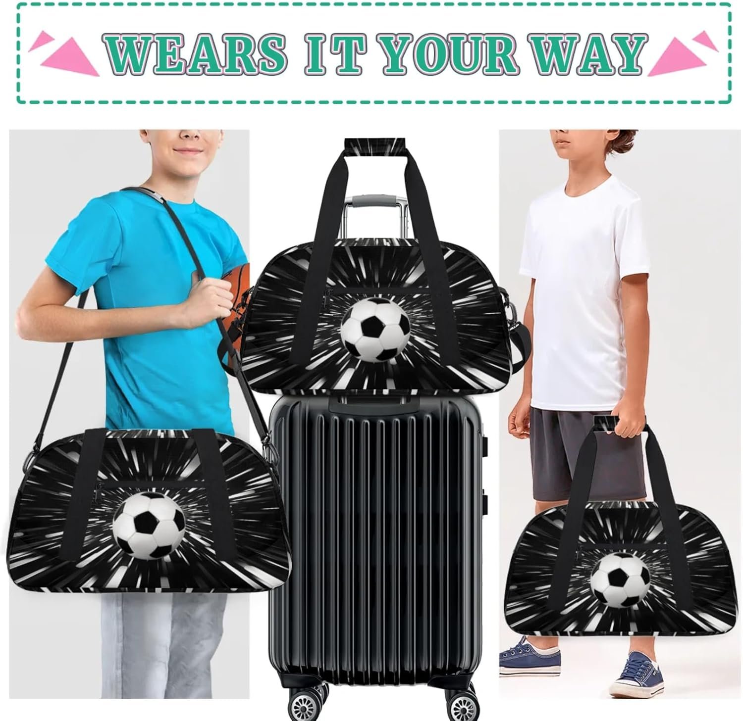 Custom Logo Sports Soccer Duffel Gym Bag Large Compartment for Cheerleaders Dance Private Label Weekender Travel Training for Men Manufacturer Black White Abstract