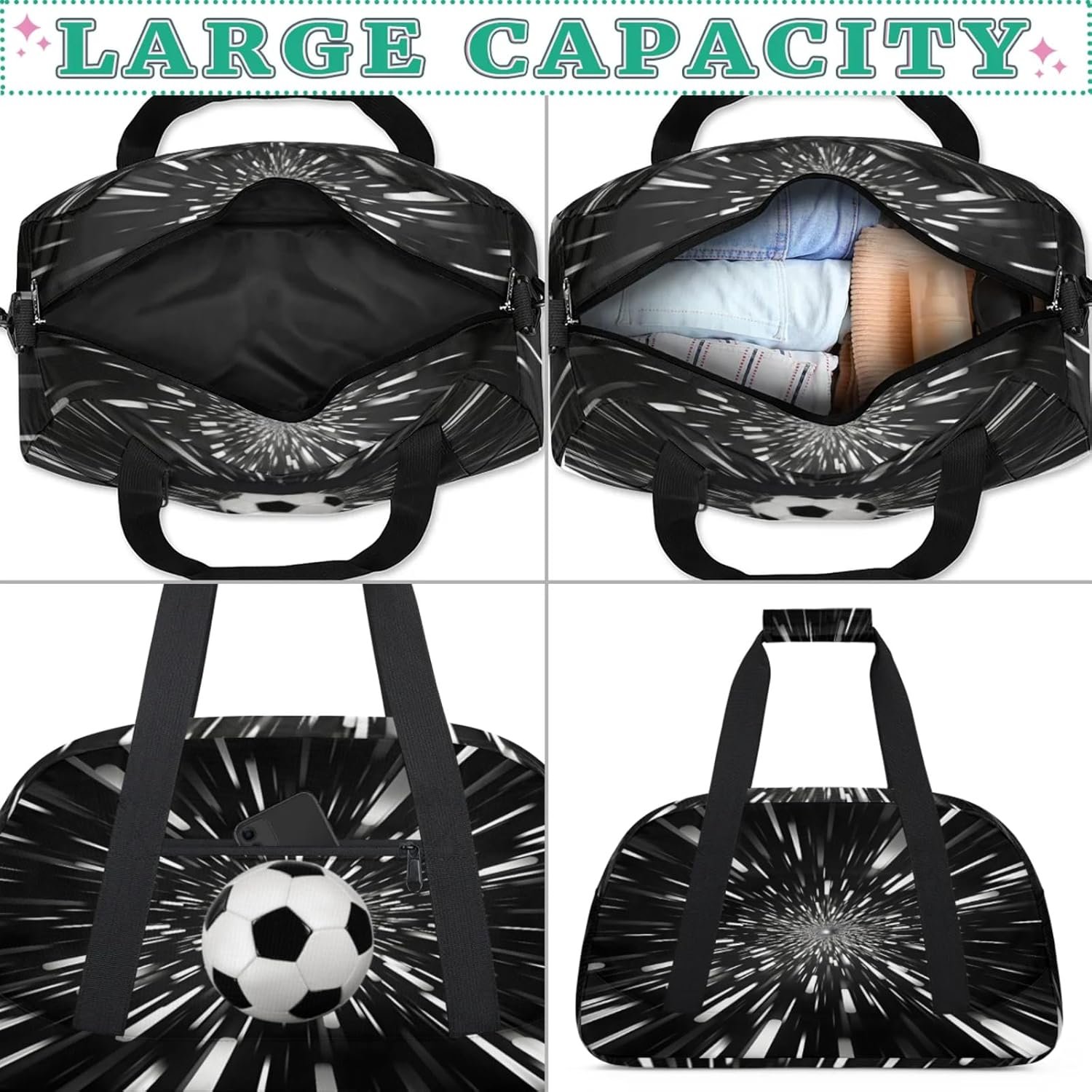 Custom Logo Sports Soccer Duffel Gym Bag Large Compartment for Cheerleaders Dance Private Label Weekender Travel Training for Men Manufacturer Black White Abstract