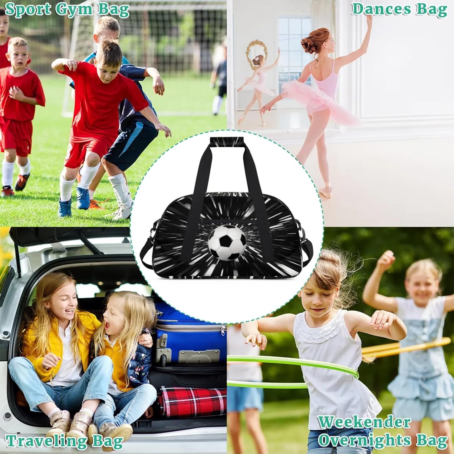 Custom Logo Sports Soccer Duffel Gym Bag Large Compartment for Cheerleaders Dance Private Label Weekender Travel Training for Men Manufacturer Black White Abstract