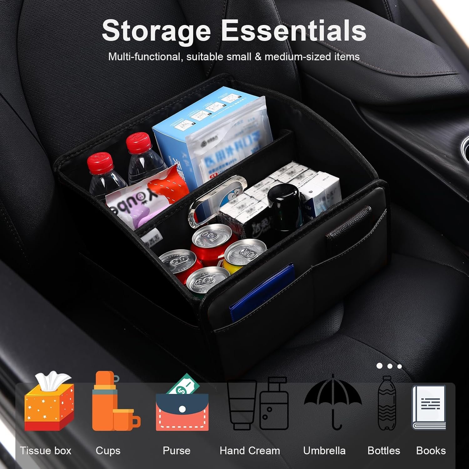 Custom Logo Car Storage Organizer 2025 Updated Leather Car Caddy Basket for Front Seat Floor Back Seats Metal Handle 6 Compartments Private Label Adjustable Strap Buckles Slip-Resistant Black Manufacturer