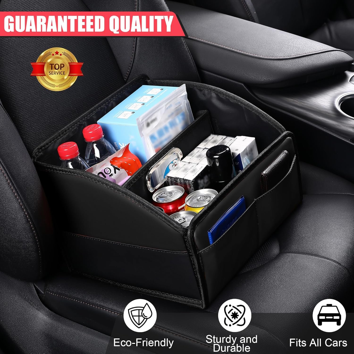 Custom Logo Car Storage Organizer 2025 Updated Leather Car Caddy Basket for Front Seat Floor Back Seats Metal Handle 6 Compartments Private Label Adjustable Strap Buckles Slip-Resistant Black Manufacturer