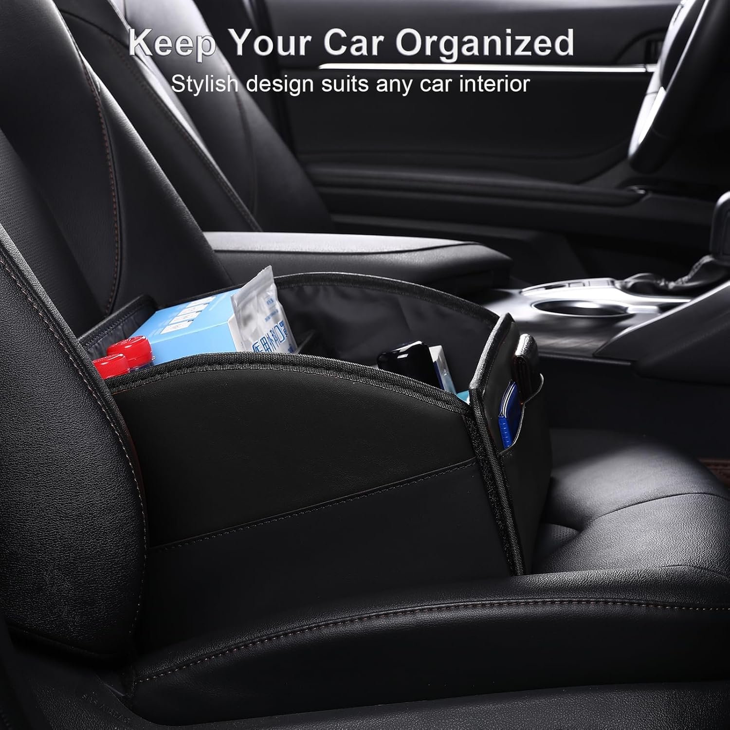 Custom Logo Car Storage Organizer 2025 Updated Leather Car Caddy Basket for Front Seat Floor Back Seats Metal Handle 6 Compartments Private Label Adjustable Strap Buckles Slip-Resistant Black Manufacturer