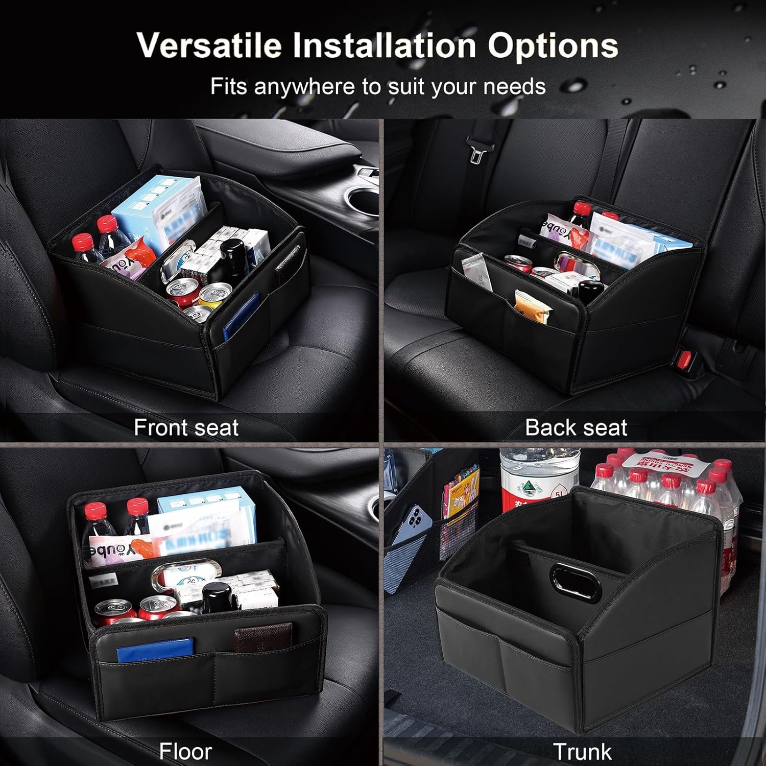 Custom Logo Car Storage Organizer 2025 Updated Leather Car Caddy Basket for Front Seat Floor Back Seats Metal Handle 6 Compartments Private Label Adjustable Strap Buckles Slip-Resistant Black Manufacturer