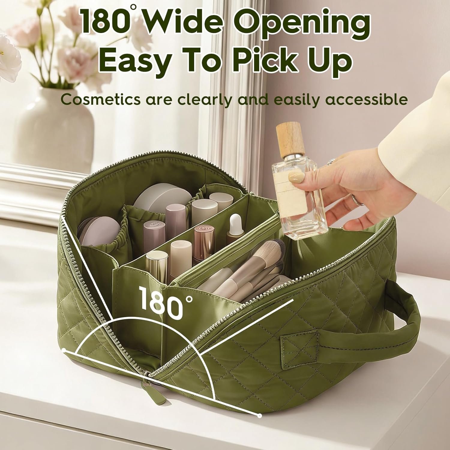 Custom Logo Quilted Makeup Bag | Private Label Cosmetic Organizer | Waterproof Travel Toiletry Pouch Manufacturer for Women (Green)