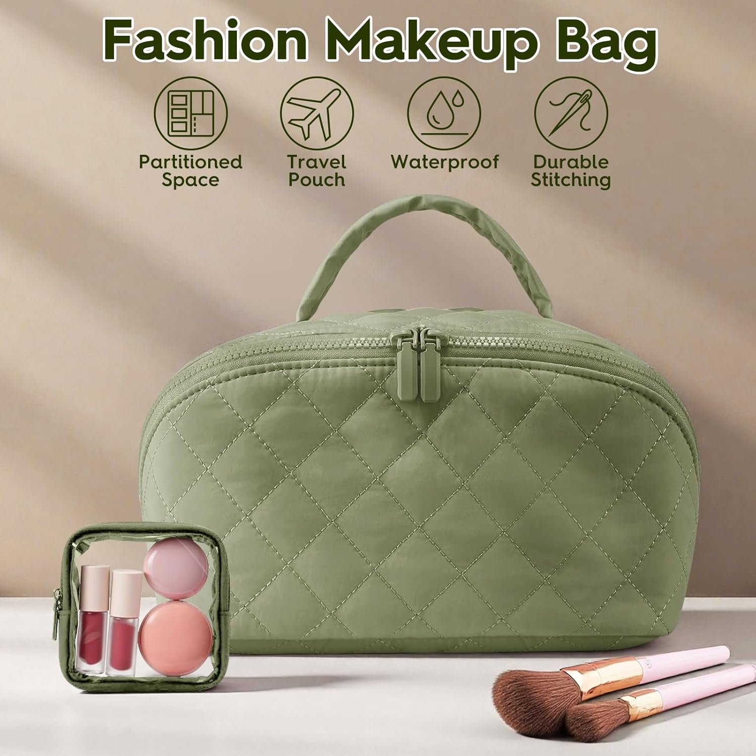 Custom Logo Quilted Makeup Bag | Private Label Cosmetic Organizer | Waterproof Travel Toiletry Pouch Manufacturer for Women (Green)