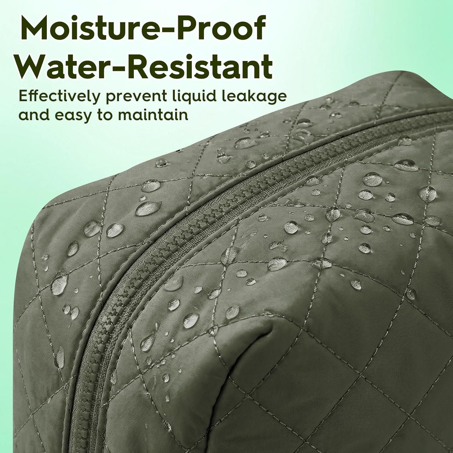 Custom Logo Quilted Makeup Bag | Private Label Cosmetic Organizer | Waterproof Travel Toiletry Pouch Manufacturer for Women (Green)